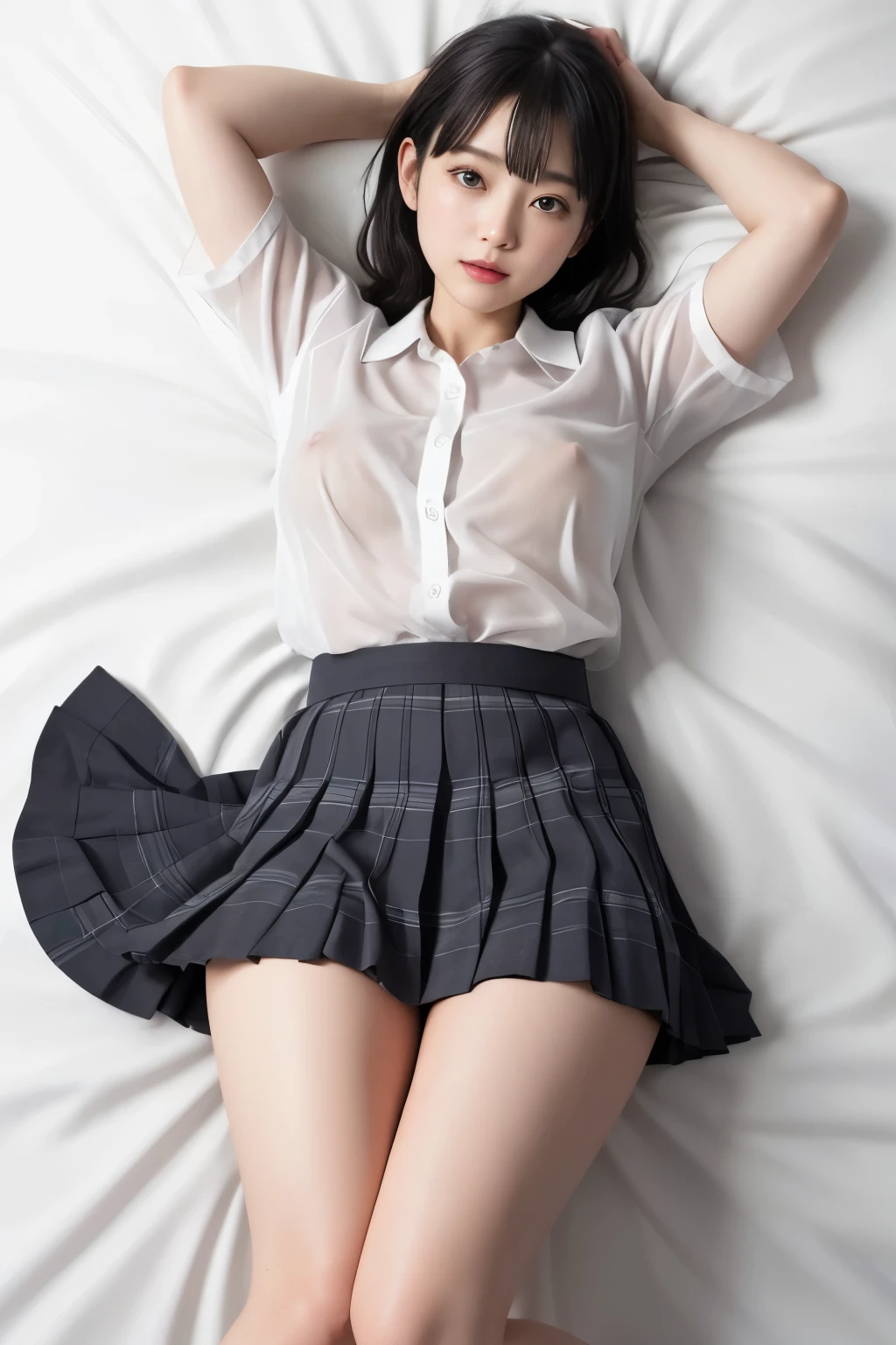 (Masterpiece:1.2), Highest quality, Thai girl, (Very realistic), (Awesome photography style), 1 girl, ((full body)), (thigh lift), already, good day, long hair, (35 years old), (((Spread your legs))), big , (Beautiful and sexy face), (((Milk open shirt))), (((เต้านมขนาดbigสวยงาม))),(((Skirt opens showing pussy))),นอนsleep,Lie on your stomach in bed, sleep, head on pillow, View from the sky above, ((Close your eyes)), Raise both arms above her head.,