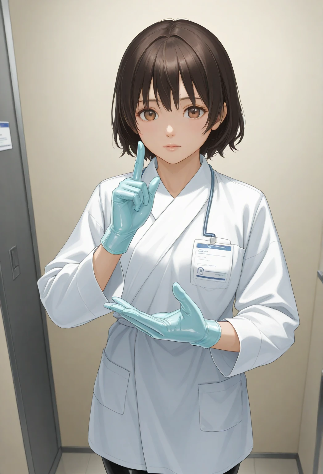 1 girl, anime, ((surgical outfit)), ((tight surgical gloves)), (( latex gloves )), ( Long Sleeve ), both hands open and raised towards viewer, is standing, Alone, Realistic physique, anatomically correct fingers, correct finger count