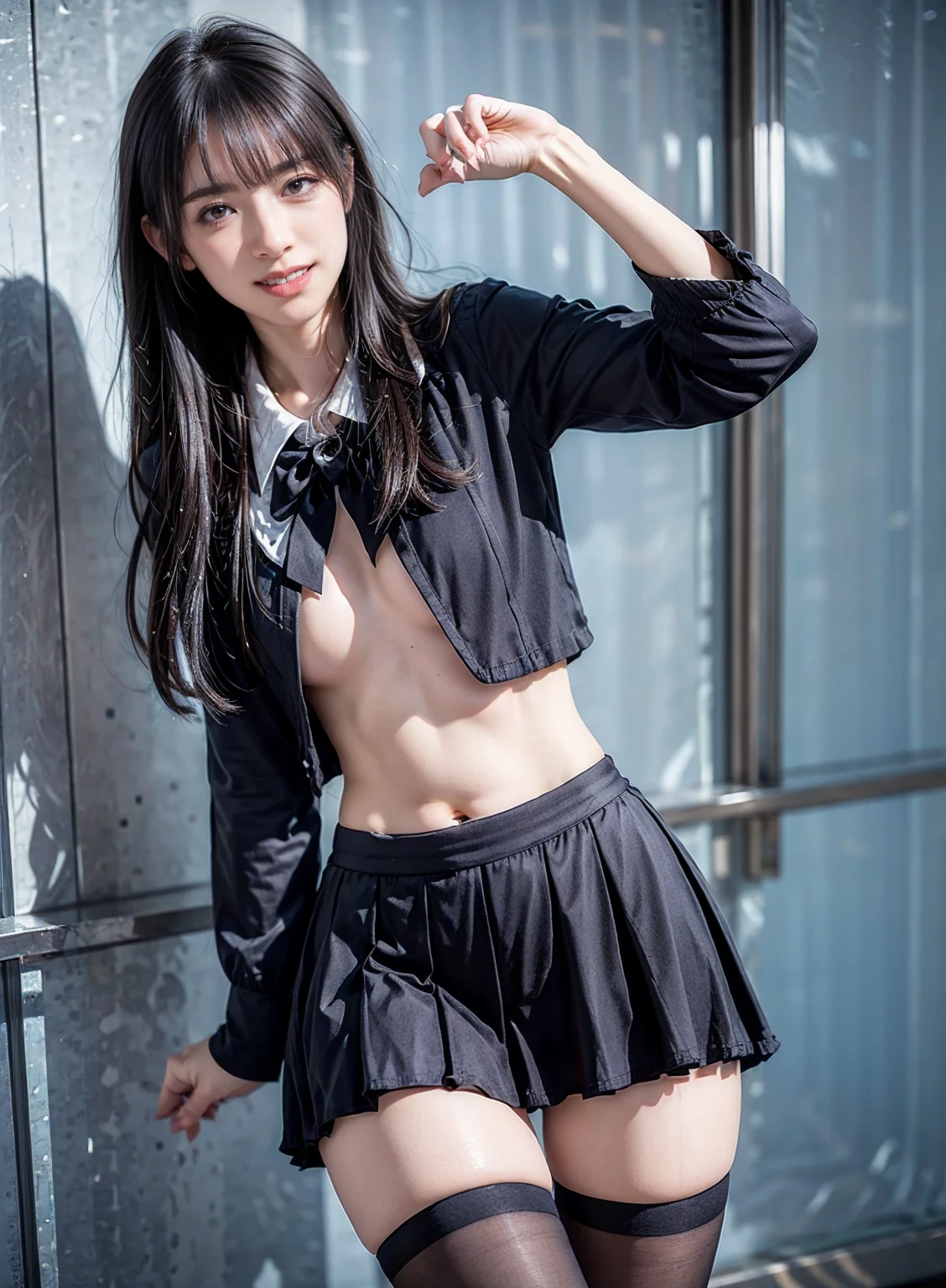 (masterpiece, highest quality:1.4), award-winning portraits, 8K, 85mm, alone, beautiful face, delicate girl, , (dark navy blazer jacket), dark navy skirt, long sleeve, violaces, gardenia, grace, Sophisticated, cute, , looking at the viewer, 15 yw photo, disorganized, HDR, sharp focus, A bow tie, background bokeh、(((flat 、thin and delicate body、A childish atmosphere)))、Her shiny semi-long hair is tied up、hair swaying in the wind、Mole on the left cheek、large, round, dark blue eyes、full body、random pose、Run、sprinting、Skirt fluttering in the wind、Junior idol、Nogizaka Idol、widening skirt、jump、mole under eye、sexy、white panties