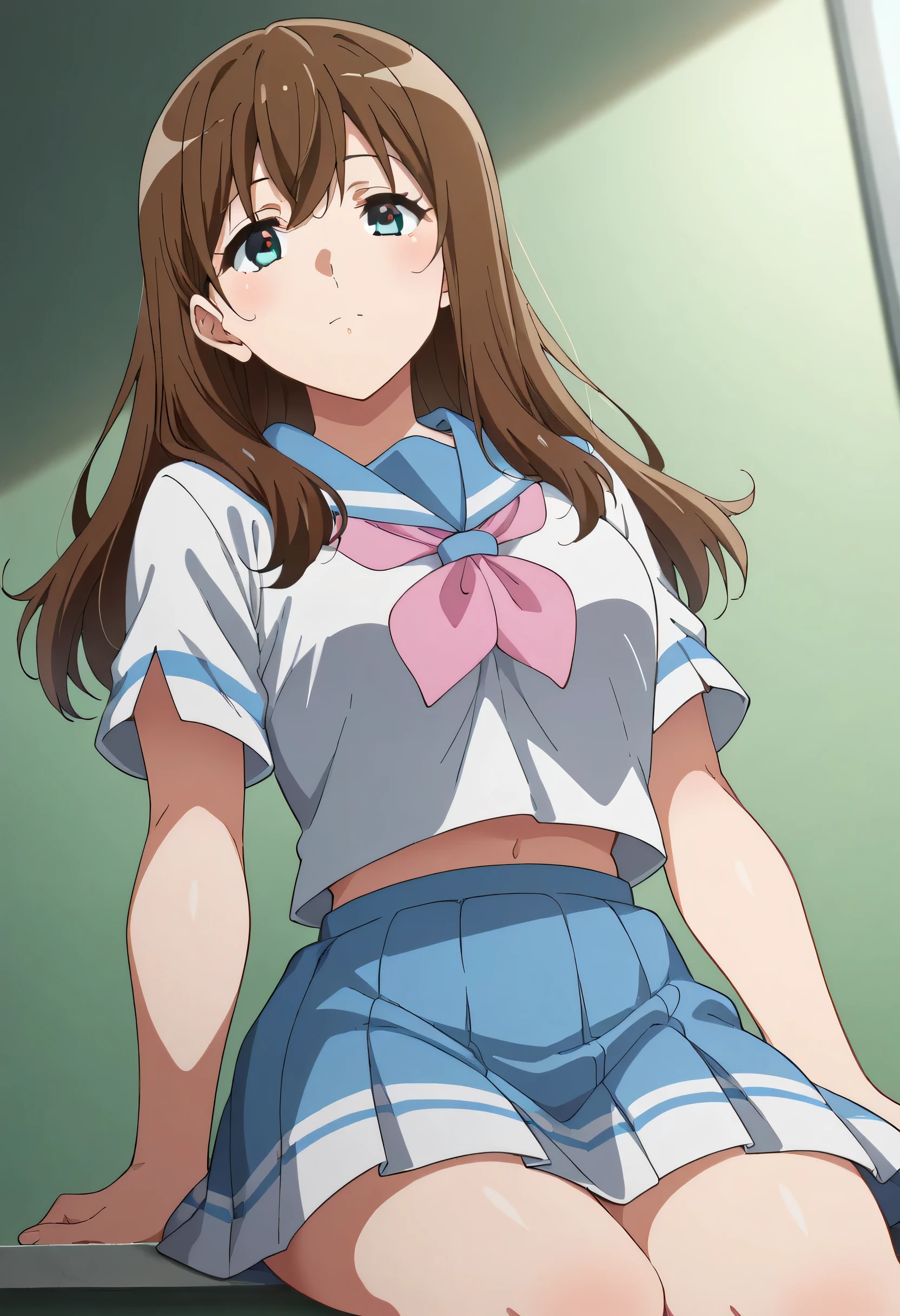 score_9, score_8_ up, score_7_ up,  source_Anime, rating_safe k _Mayu, Anime coloring,   1 girl ,  long hair,  brown hair,  blue eyes,  with semi-closed eyes , ,  pink neckerchief,   blue sailor color, Kitaoji High School uniform ,   short sleeve ,white lace panties ,  Big Breasts, looking at viewers ,  ,  school ,from below ,sitting 