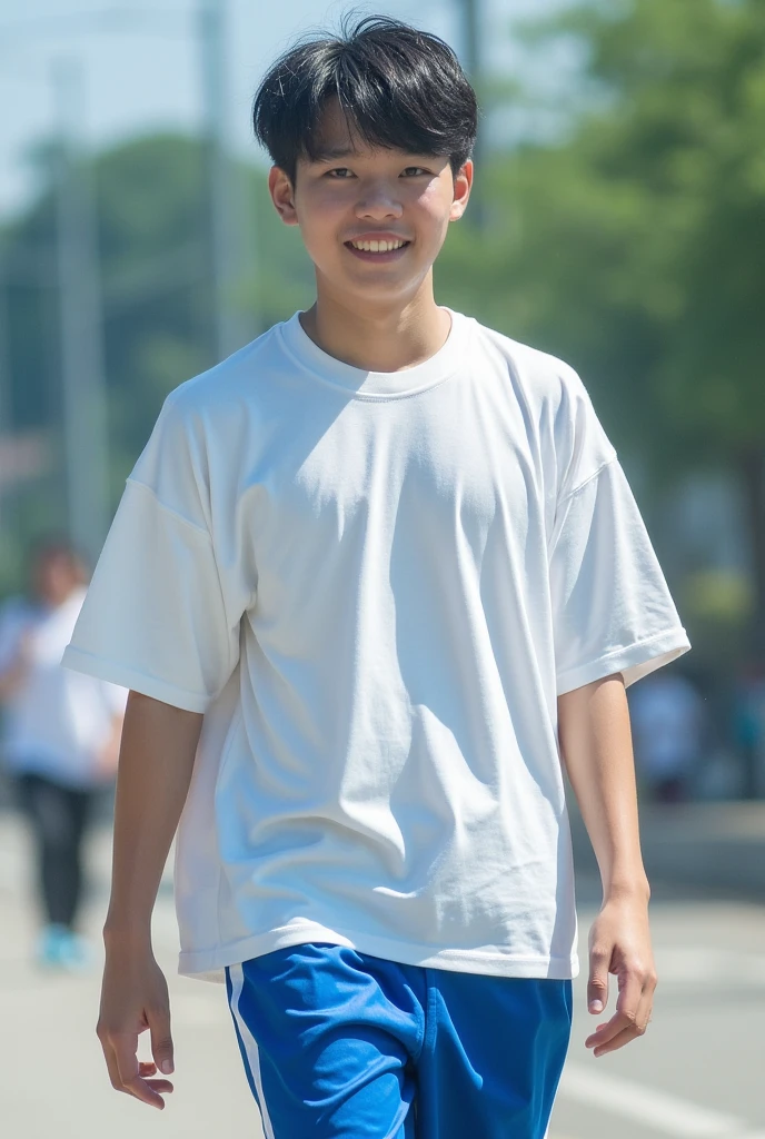 A selfie of a young boy who took a photo in a park and appears happy in the photo and wearing a plain white t-shirt