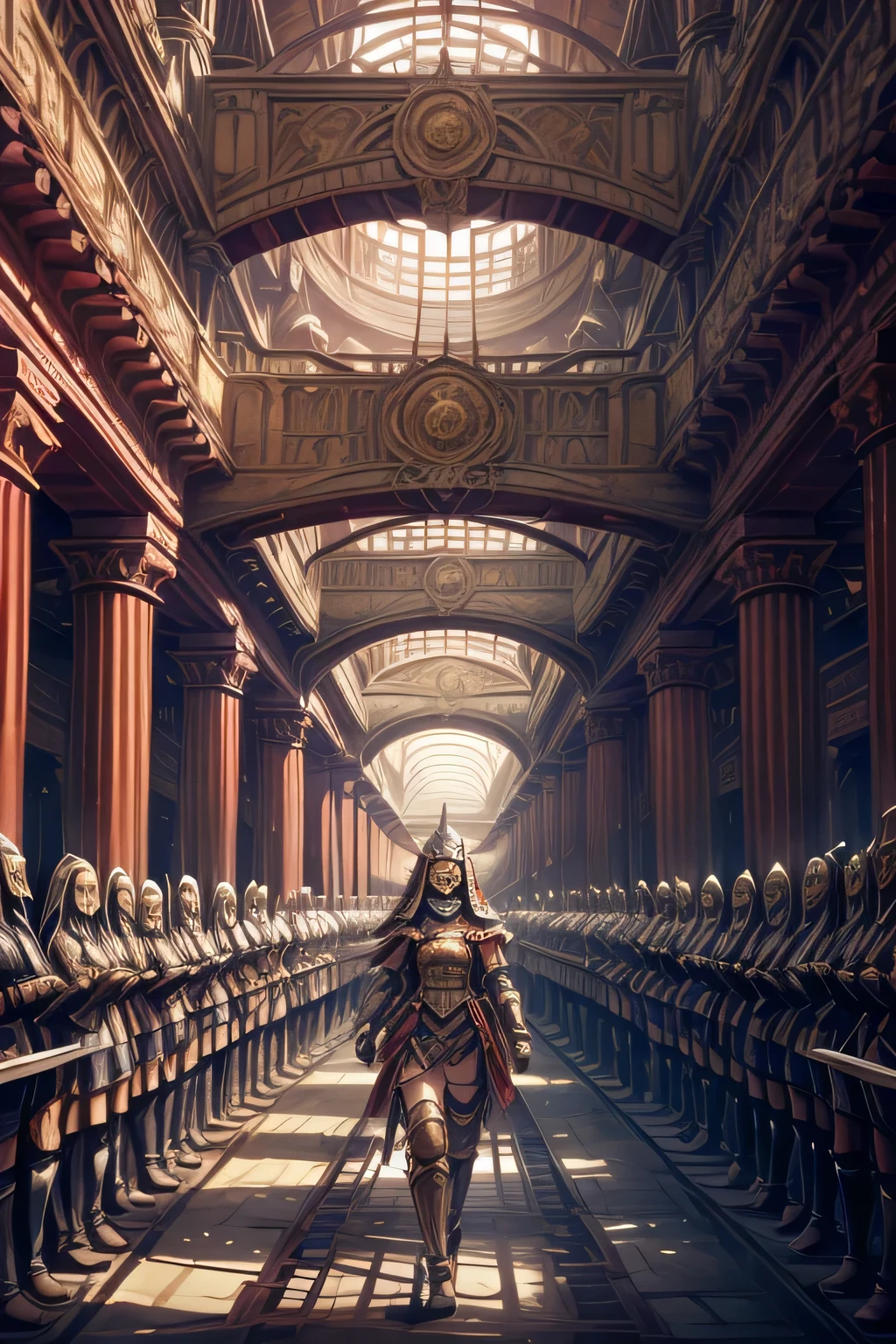 endless corridor,multiple girls ,lined up,at the side,in armor,eaba 