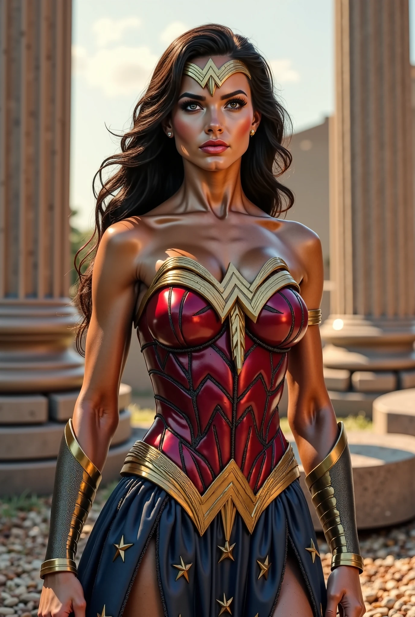 1 girl. solo, single, (front focus), (in the dark:1.6), Hyperrealist portrait of female by david hockney and alphonse mucha, fantasy art, photo realistic, dynamic lighting, artstation, poster, volumetric lighting, very detailed faces, 4 k, award winning, in the dark, deep shadow, low key, Wonder Woman, (intricate details, makeup), (delicate and beautiful delicate face, delicate and beautiful delicate eyes, perfectly proportioned face), (glossy skin: 1.0), delicate skin, strong and realistic blue eyes, realistic black hair, lips, makeup, natural skin texture, tiara, jewelry, stars \(symbol\), Leotard, silver bracelet, red boots, golden belt, (public clothing: 1.5), bare shoulders, slightly sunburned, mature, sexy, toned muscles, (muscles: 1.2), ((strong and healthy body)), ((((more) muscles))), cleavage, long legs, curves, (big breasts: 1.3), ribs, thin waist, soft waist, (delicate skin), (beautiful and sexy woman), (swollen lips: 0.9), (eyelashes: 1.2), very delicate muscles, perfect body, perfect anatomy, perfect details, Perfect fingers, perfect limbs, wavy hair, black hair, smile, ultra detailed skin, ((light tan skin: 1.4)),