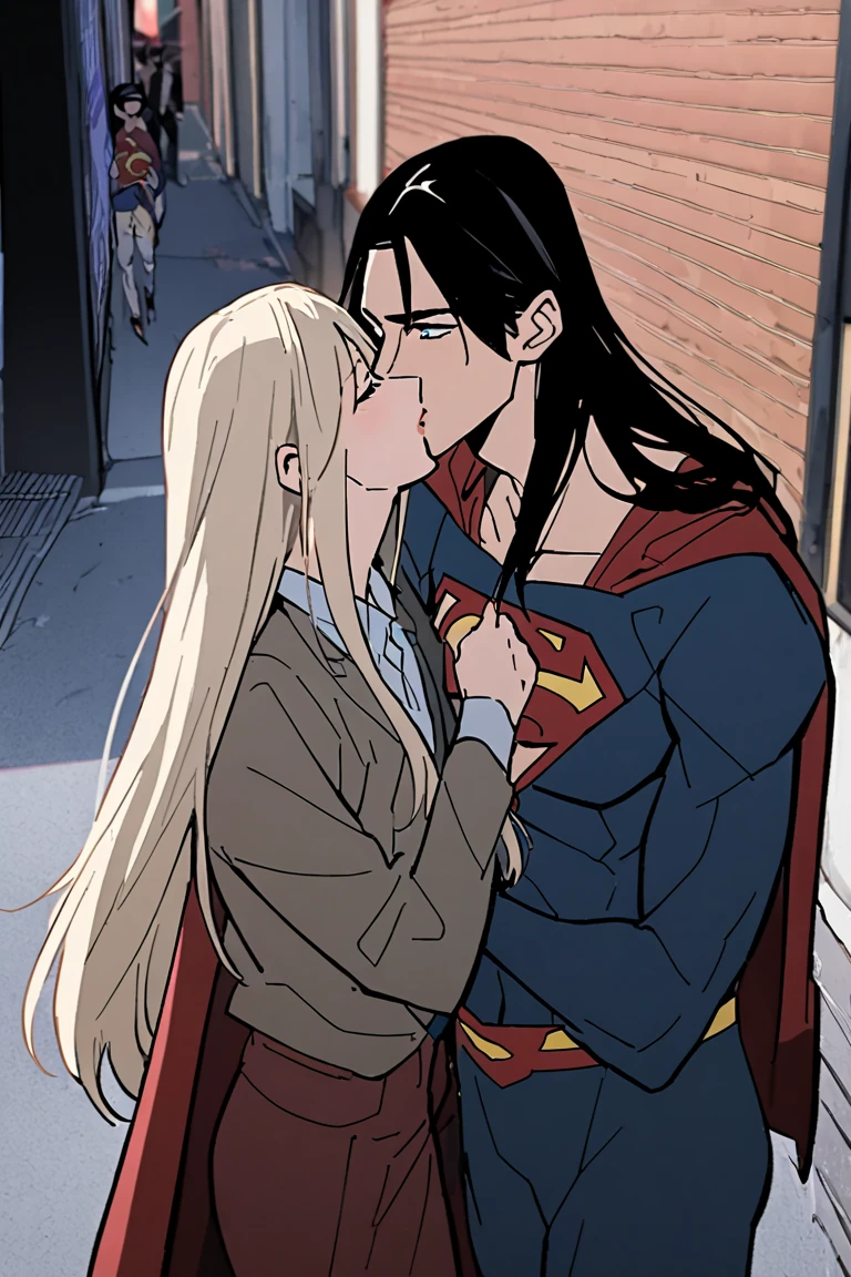 (   top quality), (   top quality), (   top quality), (Mikazuki Munechika) Backstreets, 18 years old beautiful Japanese young man with a cool and handsome face,    Superman Costume, 18 years old,    Slender Macho Man , 190cm,  long hair,    long bangs  ,Being kissed by a beautiful young man.