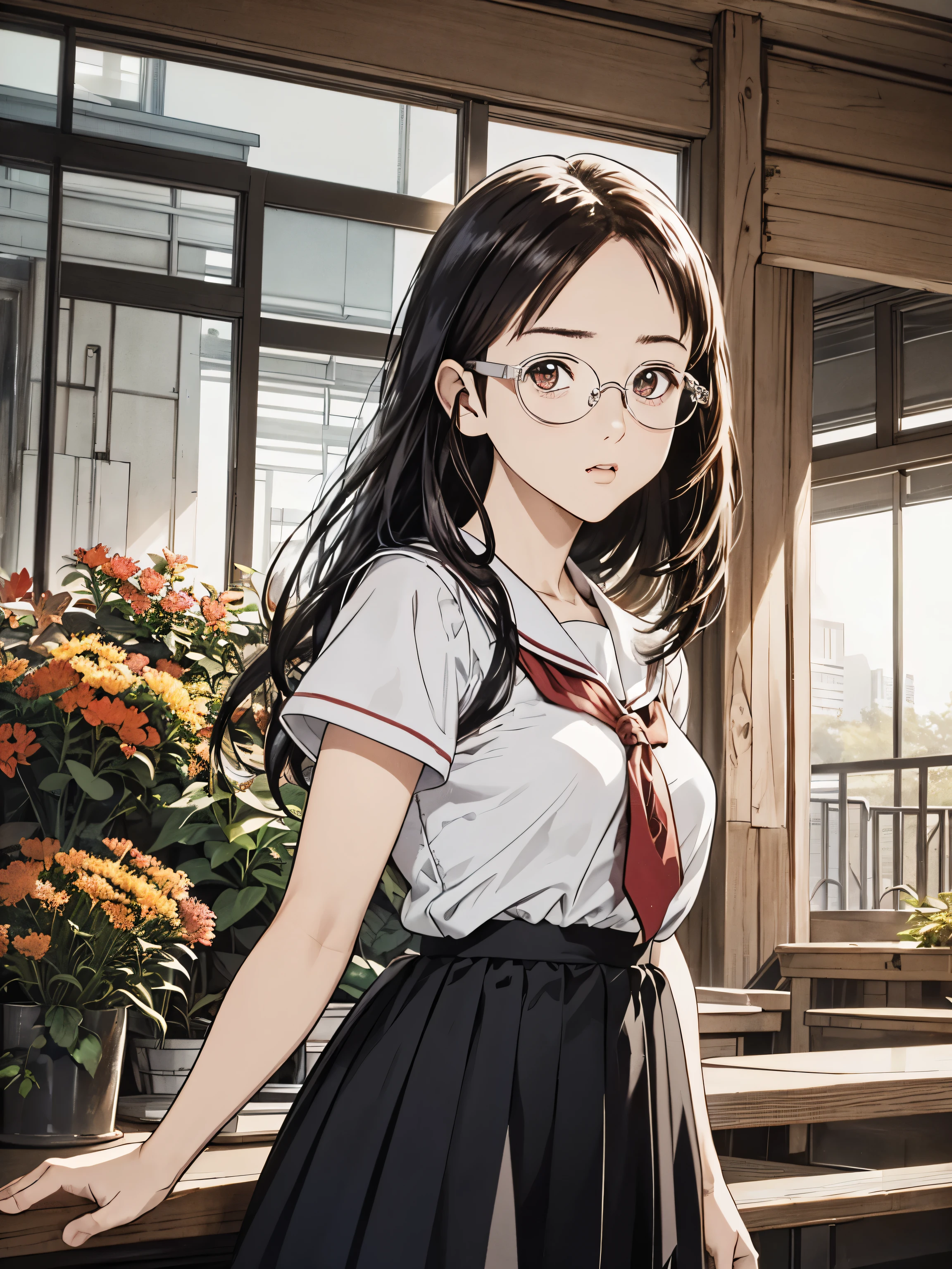 (8k、 top quality、​masterpiece:1.2)、( realistic、 ultra-detailed、 super A high resolution、 1 girl、、 beautiful detailed face、narrow、( Slim Waist ) :1.3)、autumn服、autumn  、 Skin Texture 、Floating Hair、  professional lighting 、服、 An anime character with glasses 、 Human body、 brown hair、(Timid、 quiet 、Junior high school students、 embarrassing)、(( An anime character with glasses る))、