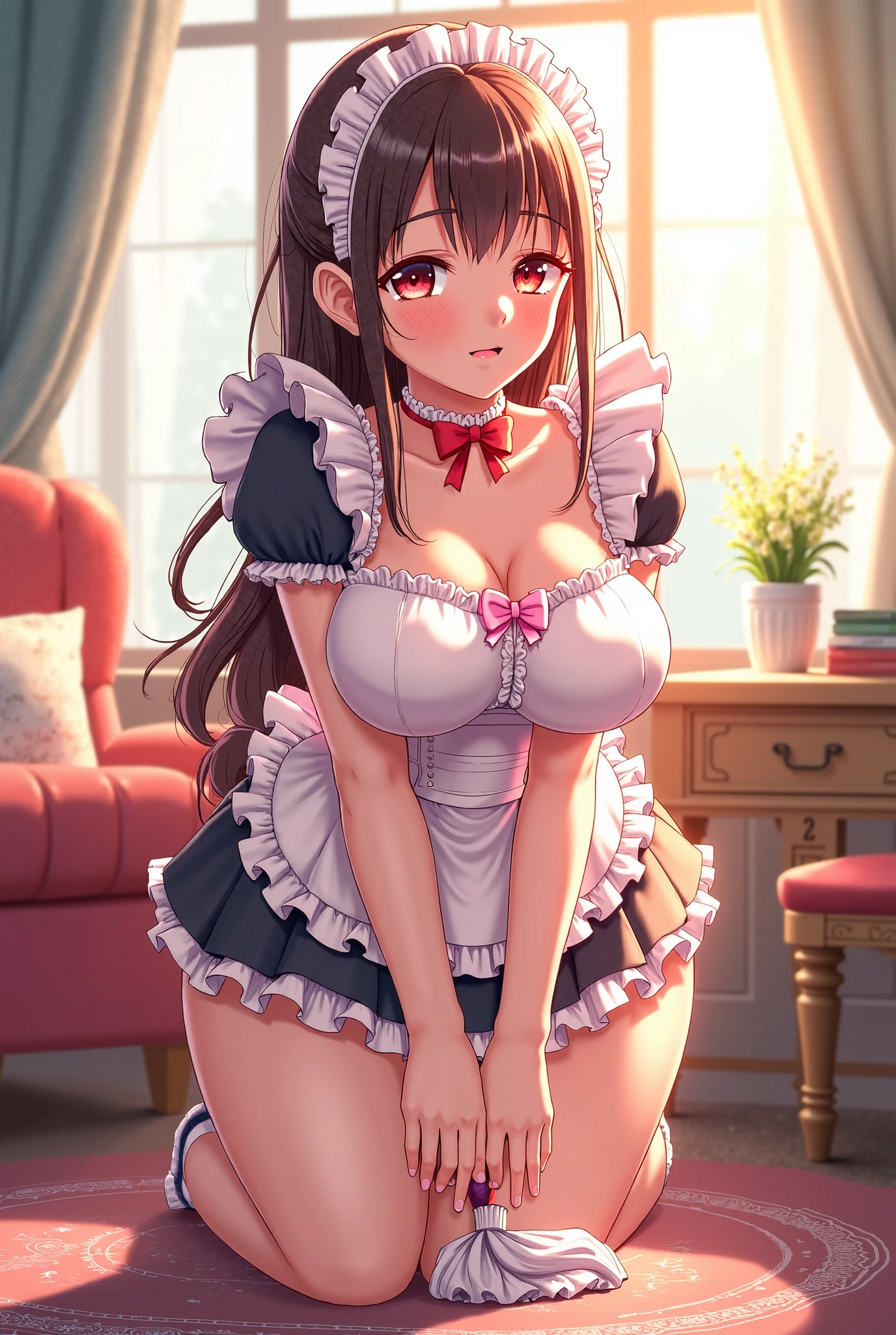 Group of women, multiple person, sexy body, curvy body, sexy lips, make up, red colored eyeline, smile, big breasts, sexy hips, sexy expression, anatomically correct, super detail, high quality, highres, 4K, (full body shot), maid, maid uniform, dress, apron, garter belts, stockings