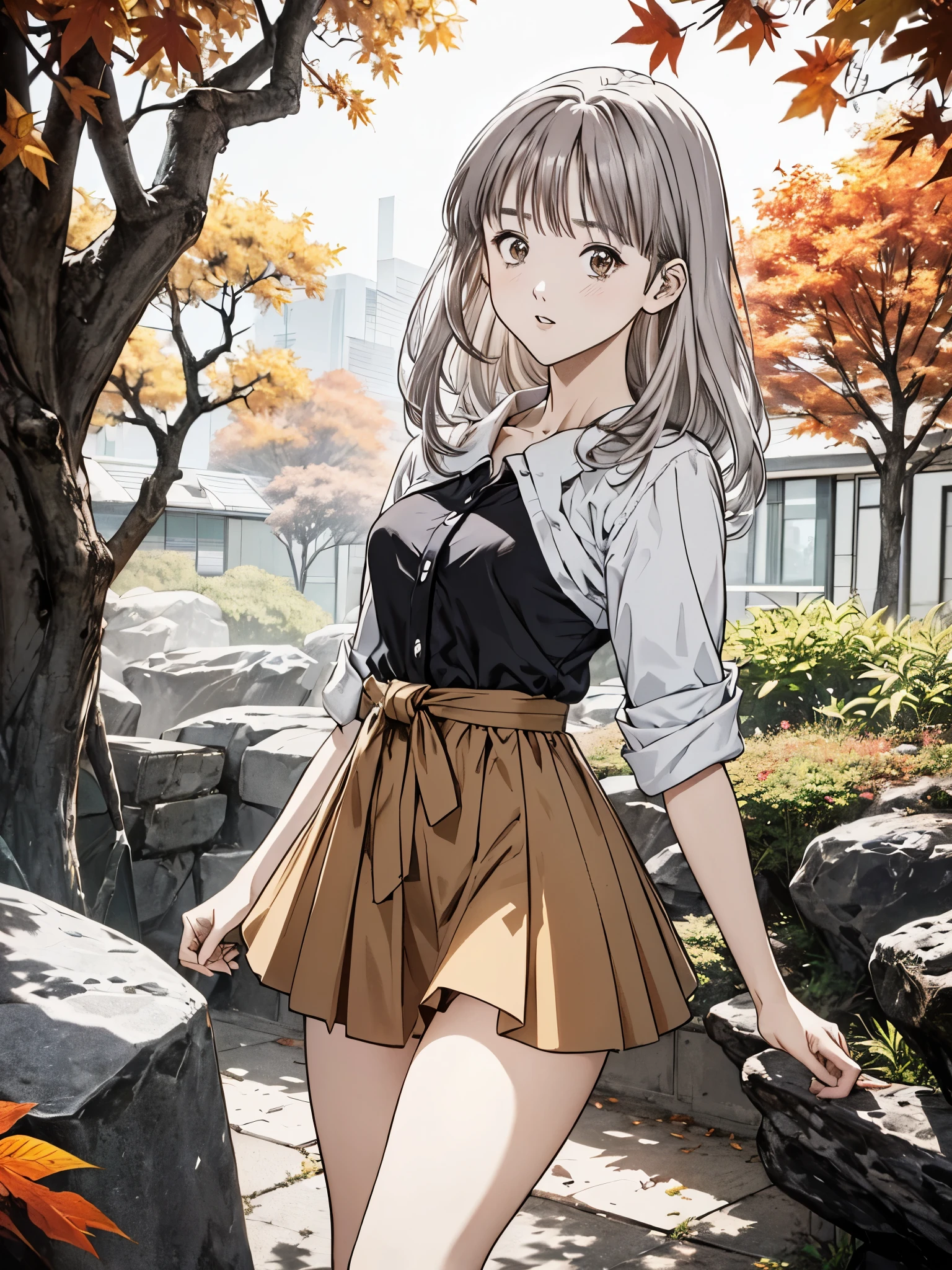 (8k、 top quality、​masterpiece:1.2)、( realistic、 ultra-detailed、 super A high resolution、 1 girl、、 beautiful detailed face、narrow、( Slim Waist ) :1.3)、autumn服、autumn  、 Skin Texture 、Floating Hair、  Professional Writing 、服、 An anime character with glasses 、 Human body、 brown hair、(Timid、 quiet 、Junior high school students、 embarrassing)、(( An anime character with glasses る))、