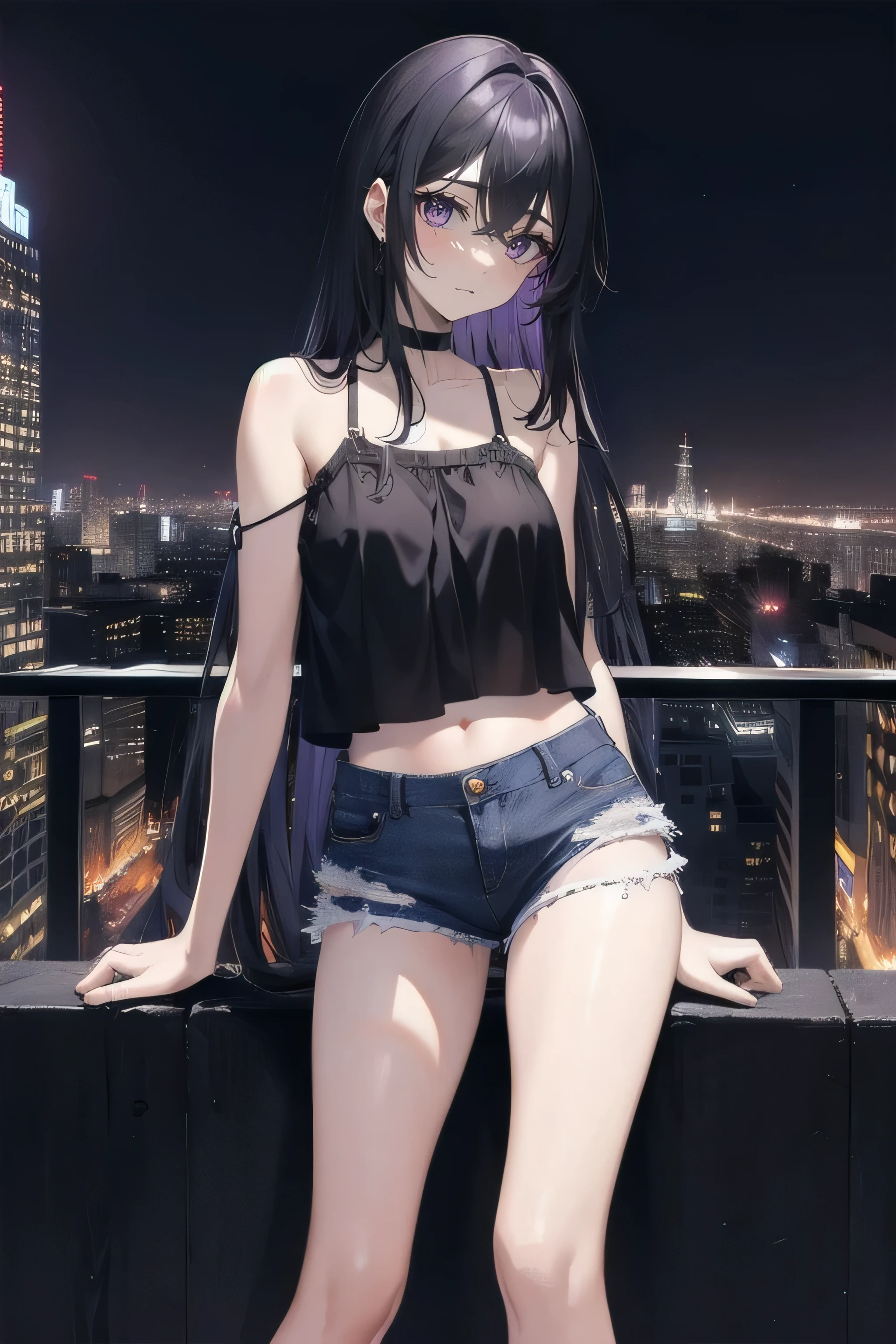 (masterpiece), (best quality), ultra detailed, finely detailed color, cenematic painting, bishoujo, model, ((one lady)), teenager, cute face, black hair, absurdly long hair, straight hair, standing, chocker, ((black camisole)), sleeveless, bare legs, short jeans, slender body, small chest, (violet eyes:1.2), purple eyes, profile, expressionless, urban, rooftop, city, night