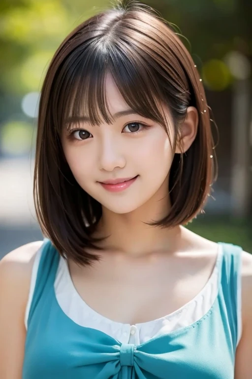 Masterpiece,   top quality,   realism,   more details,    details,    high definition in Buruma  , 8k wallpaper,   Japanese girl who can see into the distance, 18 years old, (  very cute idol-like face), smile,  beautiful slim figure ,　 Neat, beautiful and well-groomed model  ,    outdoor exposure  ,    beautiful eyes in every detail   ,  ( Teal Eyelids),   natural lips,   Sex toy on small chest ,   white sleeveless blouse, 