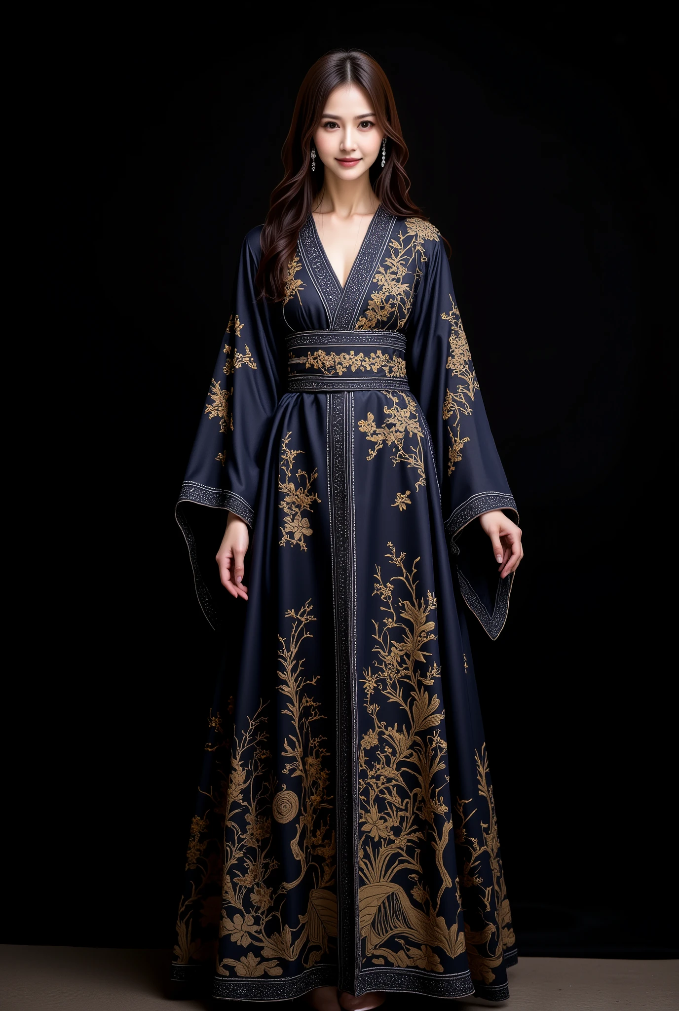 masterpiece, solo,full body, a japanese woman, long hair,black eyes,wearing a long dress,the dress made with the japanese delicate and complex pattarn , thin and soft fabric, dark deep blue, intricate graceful nature pattern with gold and various colors , elegant gown, long flowing sleeves inspired by traditional kimono, sash is inspired obi, delicate embroidery.simple dark background but cinematic light.
