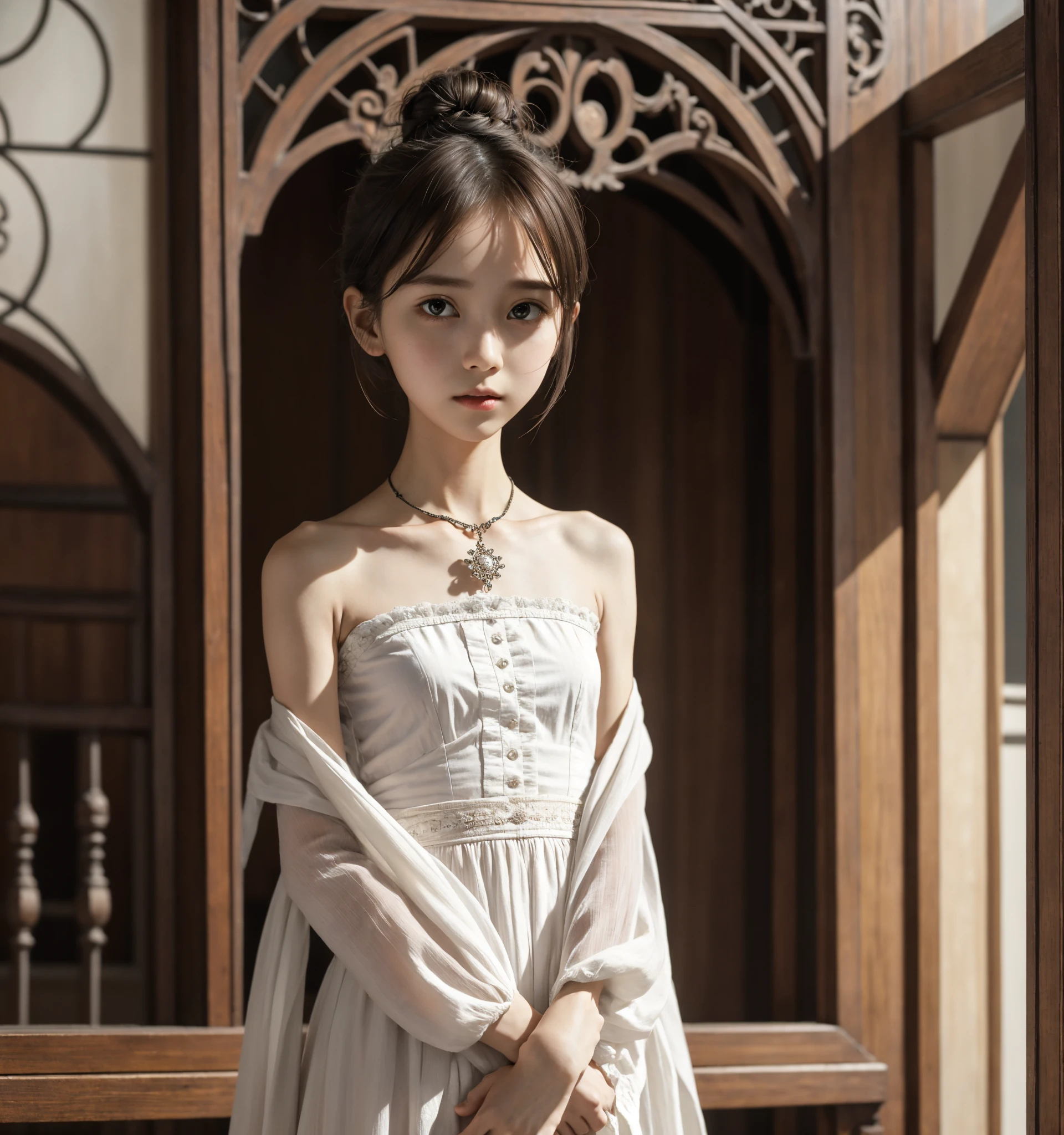  Unity 8K Wallpaper,  more details,  beautiful,  beautiful, masterpiece,  top quality, vibe, mystery, Romanticism, literature, art, fashion,  Victorian, Decoration, Complexity, Ironwork, race, meditation, Depth of emotion,  Supernatural, 1 girl, white skin,White Shoulders,Narrow shoulders,Thin arms, slender waist, bun hair 