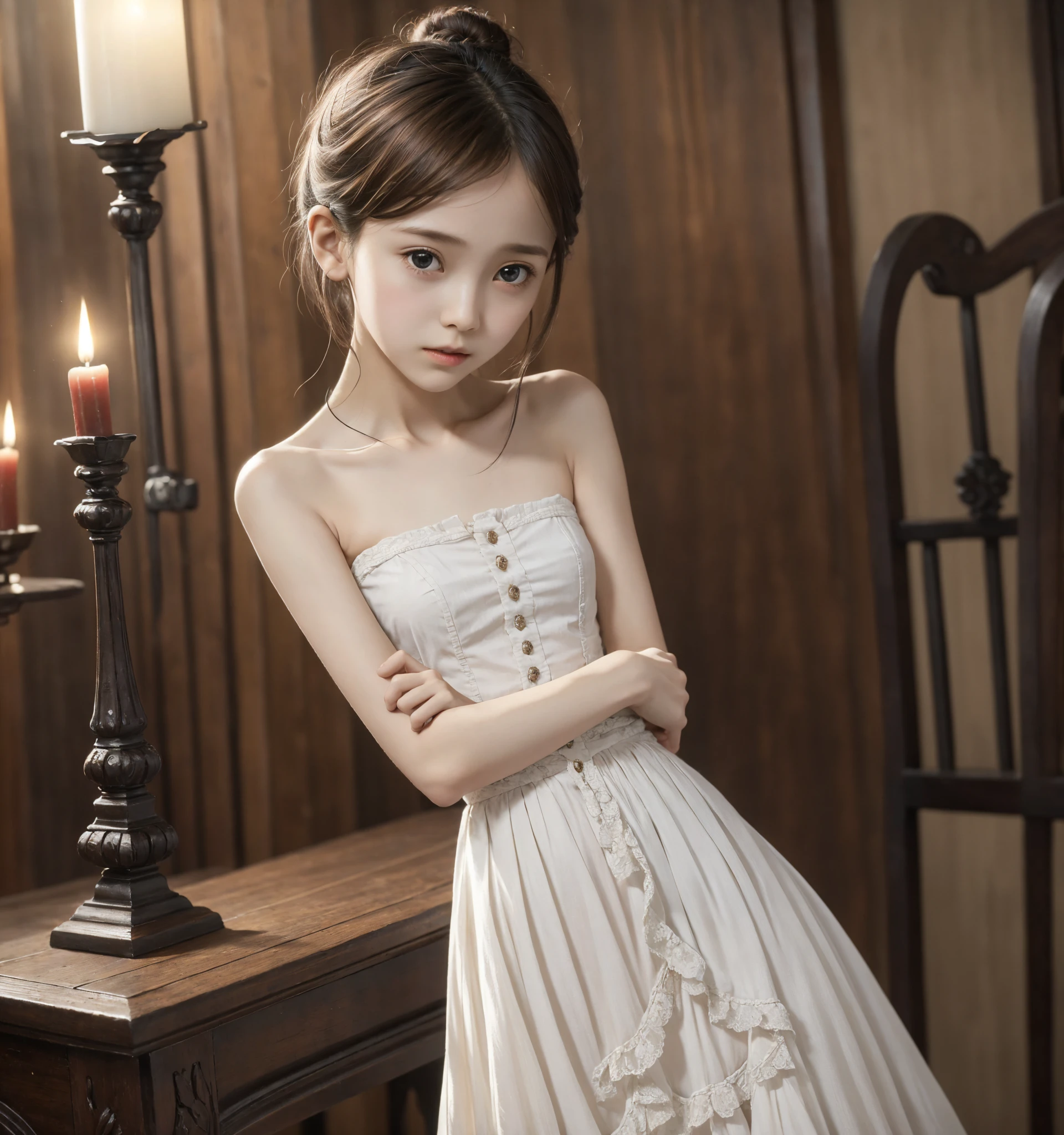  Unity 8K Wallpaper,  more details,  beautiful,  beautiful, masterpiece,  top quality, vibe, mystery, Romanticism, literature, art, fashion,  Victorian, Decoration, Complexity, Ironwork, race, meditation, Depth of emotion,  Supernatural, 1 girl, white skin,White Shoulders,Narrow shoulders,Thin arms, slender waist, bun hair 