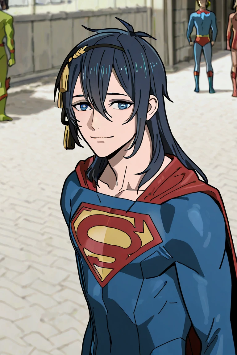 (   top quality), (   top quality), (   top quality), (Mikazuki Munechika) Backstreets, 18 years old beautiful Japanese young man with a cool and handsome face,    Superman Costume, 18 years old,    Slender Macho Man , 190cm,  long hair,    long bangs  ,Being kissed by a beautiful young man.