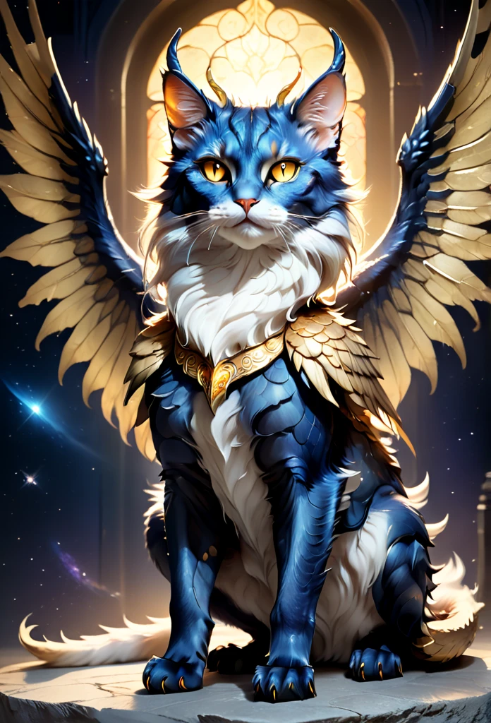 full body, feral, hybrid between cat and furred dragon, dark blue and golden fur, wings, horns, chest fluff, paws, fangs, ton back, faded gold eyes, a quadruped creature, detailed fur, intricate textures, detailed background, space, dramatic lighting, muted color palette, cinematic composition, ultra-detailed, 8k, photorealistic, masterpiece. No multiplication. Stained glass wings.