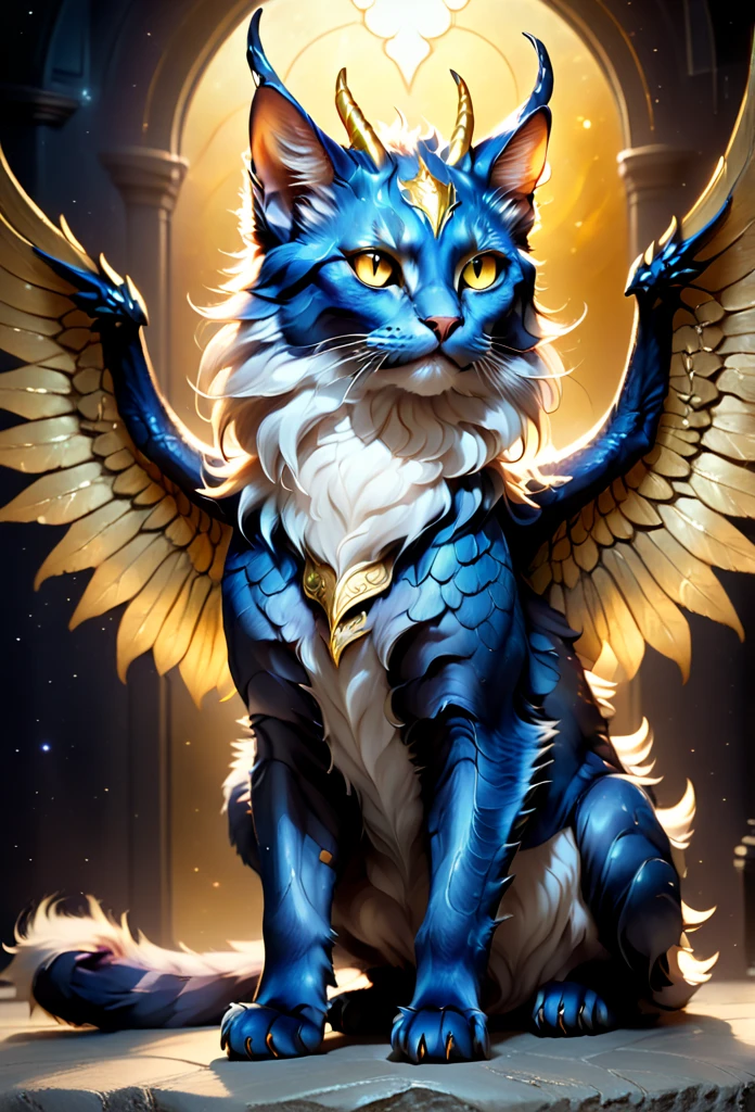 full body, feral, hybrid between cat and furred dragon, dark blue and golden fur, wings, horns, chest fluff, paws, fangs, ton back, faded gold eyes, a quadruped creature, detailed fur, intricate textures, detailed background, space, dramatic lighting, muted color palette, cinematic composition, ultra-detailed, 8k, photorealistic, masterpiece. No multiplication. Stained glass wings.