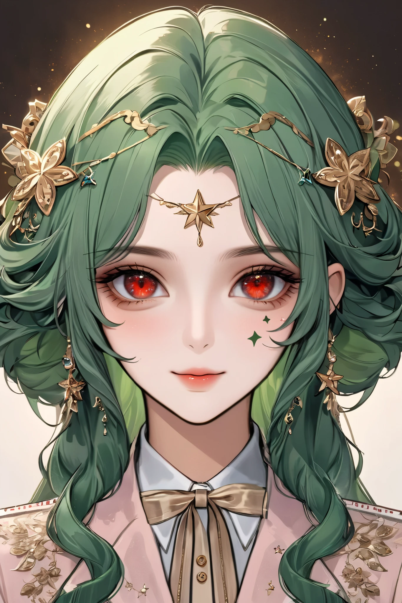 (extreamly delicate and beautiful:1.2), 8K,(masterpiece:1.0),(best_quality:1.0), 1 girl, half body and intricate detailing, Enlarged textures, and intricate detailing, finely eye and detailed face, one star symbol mark on on the right cheek, and intricate detailing, green long curl hair, (sweet smiley), Perfect eyes, Equal eyes,  red eyes (A famale god) with yunani dress, look at camera, green long HAIR, Red EYES, green long curl HAIR, red EYES, one star symbol mark on on the right cheek, half body
