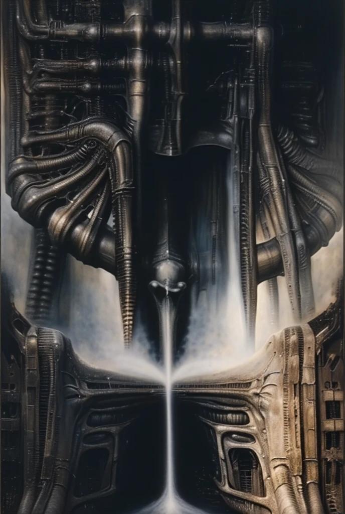 g1g3r, , The image is a detailed view of H.R. Giger's \" Li II \" plate, featuring The image depicts a surreal, otherworldly scene with intricate, organic-like architecture and figures that appear to be emerging from the structures. The space in this H.R. Giger-esque image is formed through a complex interplay of several visual techniques, creating a claustrophobic, layered, and ambiguous environment. Space in this image is formed by a combination of overlapping forms, lack of traditional perspective, flowing curves, high detail, ambiguous scale, and subtle lighting. These techniques work together to create a unique and unsettling spatial experience that is characteristic of Giger's work: a claustrophobic, organic, and biomechanical environment that feels both alien and strangely familiar.
 The most dominant feature is the dense overlapping and interweaving of organic and mechanical forms. Figures, pipes, tubes, and other structures merge seamlessly, making it difficult to distinguish where one ends and another begins. This creates a sense of depth and layers, but also contributes to the claustrophobic feeling as there's little empty space.
 There's no clear horizon line or defined vanishing point to establish traditional perspective. This further adds to the sense of disorientation and makes it difficult to gauge the scale and distance of the elements within the image. The space feels compressed and undefined.
Giger frequently uses smooth, organic curves and contours that flow into each other. These curves create a sense of movement and dynamism, but also further blur the boundaries between objects and spaces. The eye is led through the image along these curves, but there's no clear destination or resting point.
 The high level of detail and intricate textures across the entire image contributes to the sense of density and complexity. There are few areas of smooth, flat color or empty space. This creates a visually rich environment