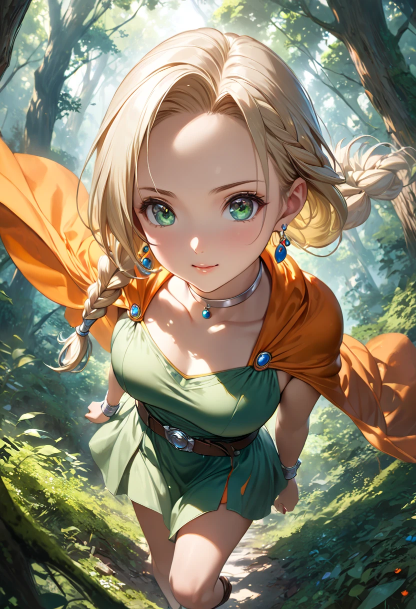 (DQ Bianca, single braid, hair over shoulder, earrings, silver choker, orange cape, green dress, belt, sleeveless, forehead:1.2), ultra-realism, fantasy art scene set in a mystical forest, where sunlight beams pierce through the dense canopy of trees, (cute face, adult face:1.1), from above, cowboy shot, BREAK (masterpiece, best quality:1.2), mid-air during a dynamic jump, captured from a low-angle perspective looking upward, 