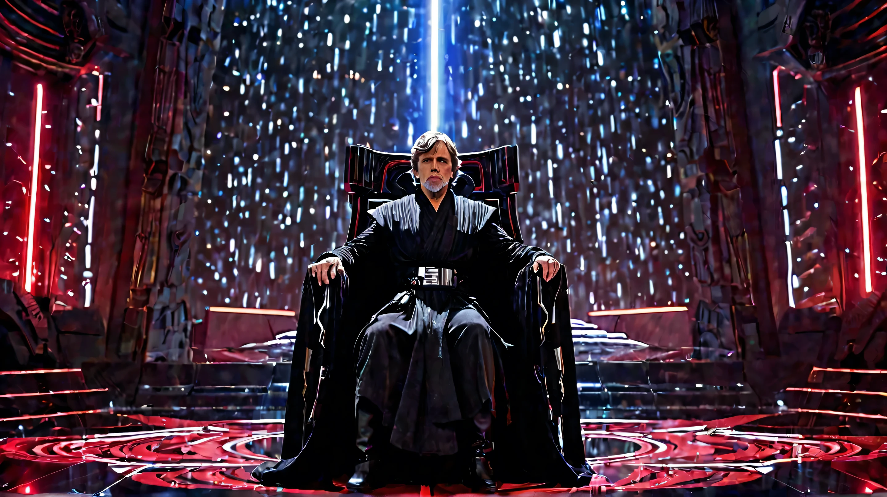 A modelo está usandAn adult Luke Skywalker, clad in sleek black Sith armor, sits alone on an imposing Imperial throne in a vast, dimly lit chamber. His red lightsaber rests inactive at his side, while a massive projection of the galaxy swirls behind him, its glowing stars and nebulas casting faint light across the room. Luke's expression is somber and introspective, his posture heavy with the burden of his choices. The emptiness of the chamber amplifies his solitude, symbolizing the immense cost of his power and the weight of the dark path he has taken.o óculos de sol de vidro com estrelas e a lua no vidro