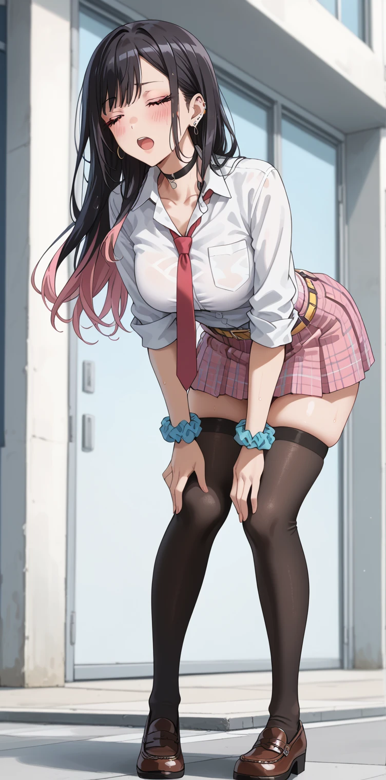((masutepiece, Best Quality, hight resolution, nffsw, Perfect Pixel, 4K, nffsw, nffsw))), 1girl in, Single, Solo, Beautie、full body seen、 ((Middle Wave Hair, Bangs, Purple hair)), ((verd s eyes, Beautiful eyelashes, Realistic eyes)), ((Detailed face, Blushing:1.2)), ((Smooth texture:0.75, Realistic texture:0.65, Photorealistic:1.1, Anime CG style)), huge-breasted,big butts、thick thighs、 Dynamic Angle, Perfect body, ((red bowtie, School uniform, , White shirt, Black skirt, plaid skirts)), In the street、sitting on ground、spreading legs、very embarrassing panic、:o、(the wind blew my skirt, expose my panties......................、light blue pantie)、