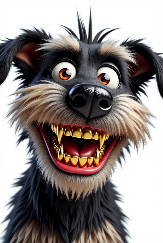 A highly detailed and whimsical close-up of a scruffy, cartoon-style dog with wild, unkempt fur and an expressive, exaggerated face. The dog's large, sparkling eyes are filled with excitement and mischief, framed by tufts of messy black and gray fur. Its wide, comical grin reveals a dazzling set of GNV sparkling gold teeth, each tooth polished to a reflective shine, standing out against its vibrant red gums. The dog's wet, textured black nose is prominently featured, adding charm to its playful and animated personality. The bright white background enhances the contrast of the dog's vibrant features and the shimmering golden teeth