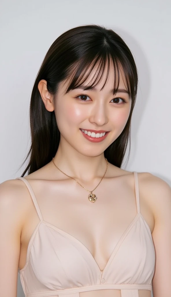 naked:1.5、  sense of openness  、  slender body:1.3，  small breasts， Small Ass ，  small breasts、 : 165cm、 small breasts， Masterpiece ,  Top Quality , whole body,smile、  correct skeleton、  white skin、 Open Heart Necklace、((  curly realistic pubic hair 、 Lots of pubic hair :1.5 、濃い恥毛:1.5))、 slender body、
 