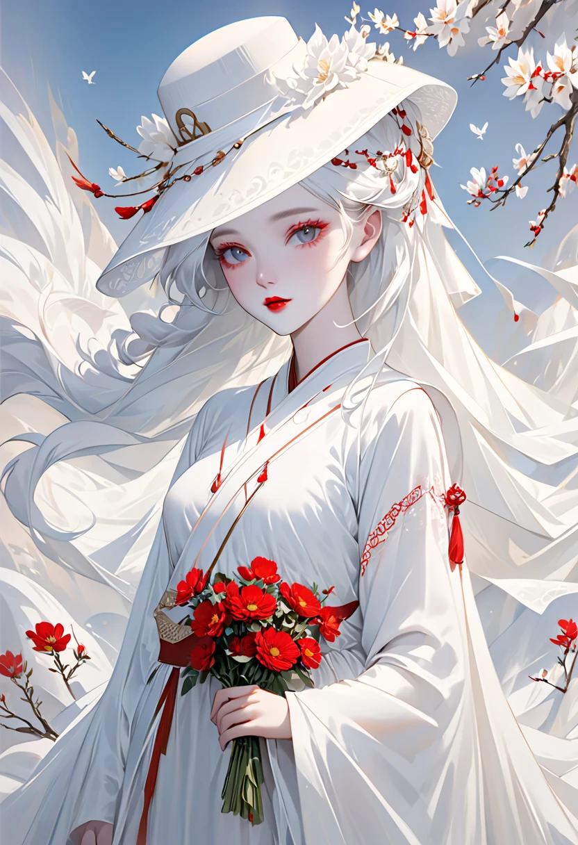  Arabian Woman Wearing a White Hat and Dress with Red Lipstick, pale  white skin like porcelain , Gwaiz, Gwaiz masterpiece, artwork in the style of Gwaiz,  Soft Portrait Shot 8k, Pale young ghost girl,  white skin like porcelain ,  by Russell Dongjun Lu ,   Light Milky White Porcelain Skin  , Elegant alabaster skin woman