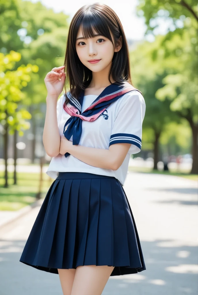(masterpiece, highest quality:1.2), 1 girl, 18-year-old, (Idol style super cute face:1.2), (sit on a bench) , small breasts, (whole body), (white shirt, sailor suit, navy pleated skirt:1.2), sexy , beautiful feet, bangs, black hair straight, slightly longer bob hair, smile, masterpiece, super high quality, realistic, photo RAW写真, very accurate, perfect anatomy, forest park、