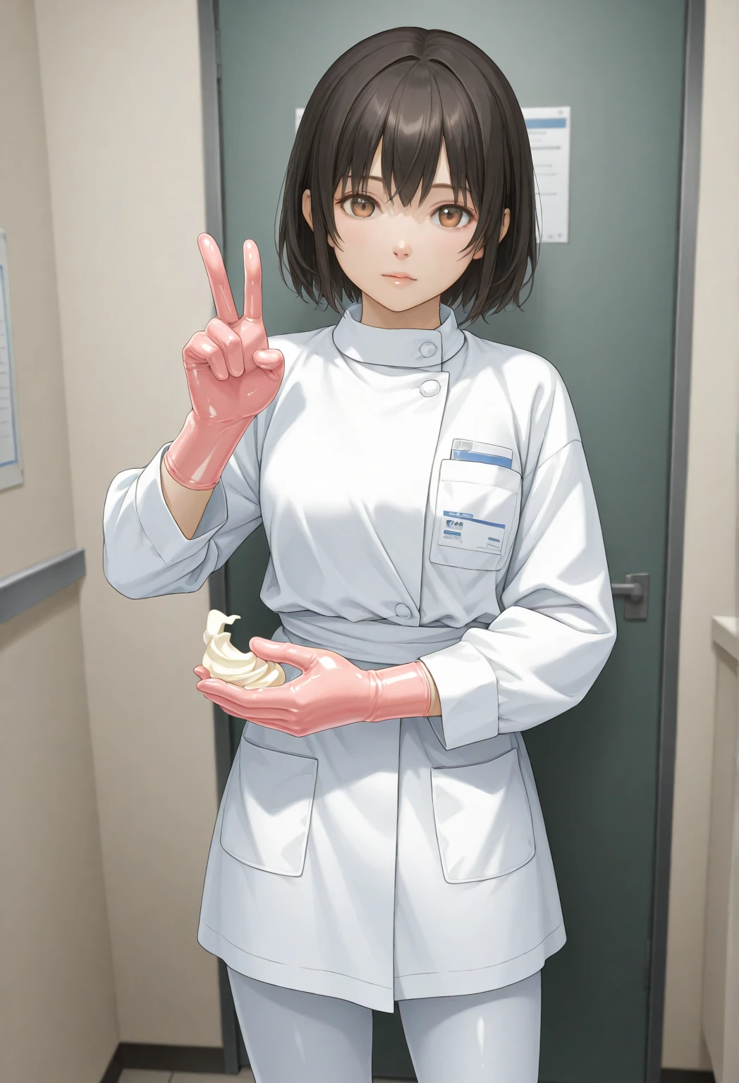 1 girl, anime, ((surgical outfit)), ((tight surgical gloves)), (( cream color latex gloves )), ( Long Sleeve ), both hands open and raised towards viewer, is standing, Alone, Realistic physique, anatomically correct fingers, correct finger count