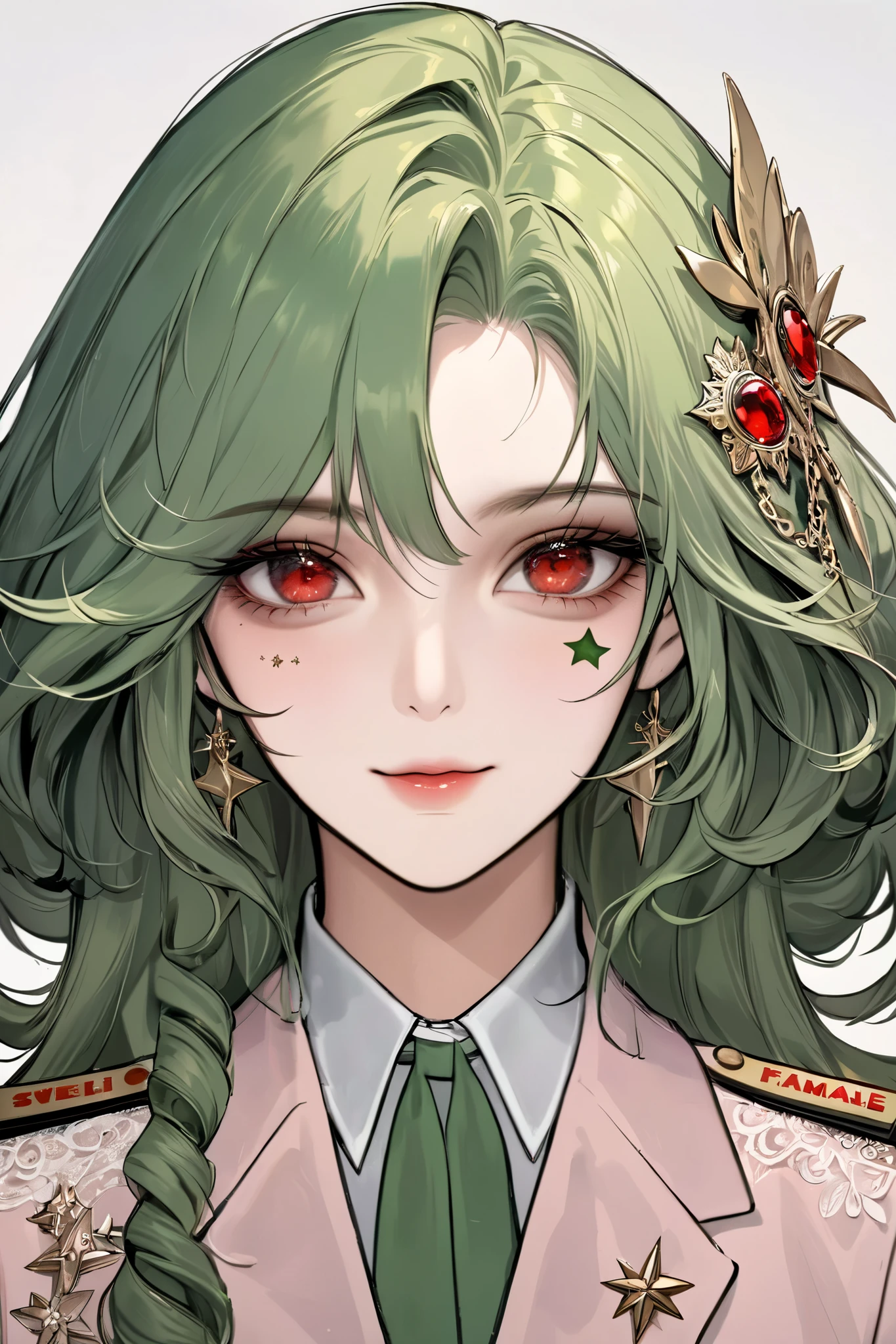 (extreamly delicate and beautiful:1.2), 8K,(masterpiece:1.0),(best_quality:1.0), 1 girl, and intricate detailing, Enlarged textures, and intricate detailing, finely eye and detailed face, one star symbol mark on cheek, and intricate detailing, green long curl hair, (sweet smiley), Perfect eyes, Equal eyes, red eyes (A famale god) with White high collar lace shirt,Green suit,Epaulettes-Chain,cool, look at camera, green long HAIR, Red EYES, green long curl HAIR, red EYES, one star symbol mark on cheek