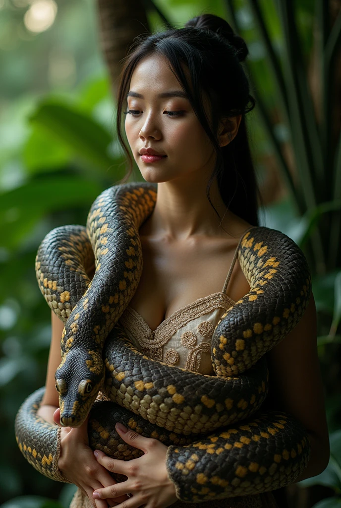 A woman wraps her daughter tightly around a python and kisses her