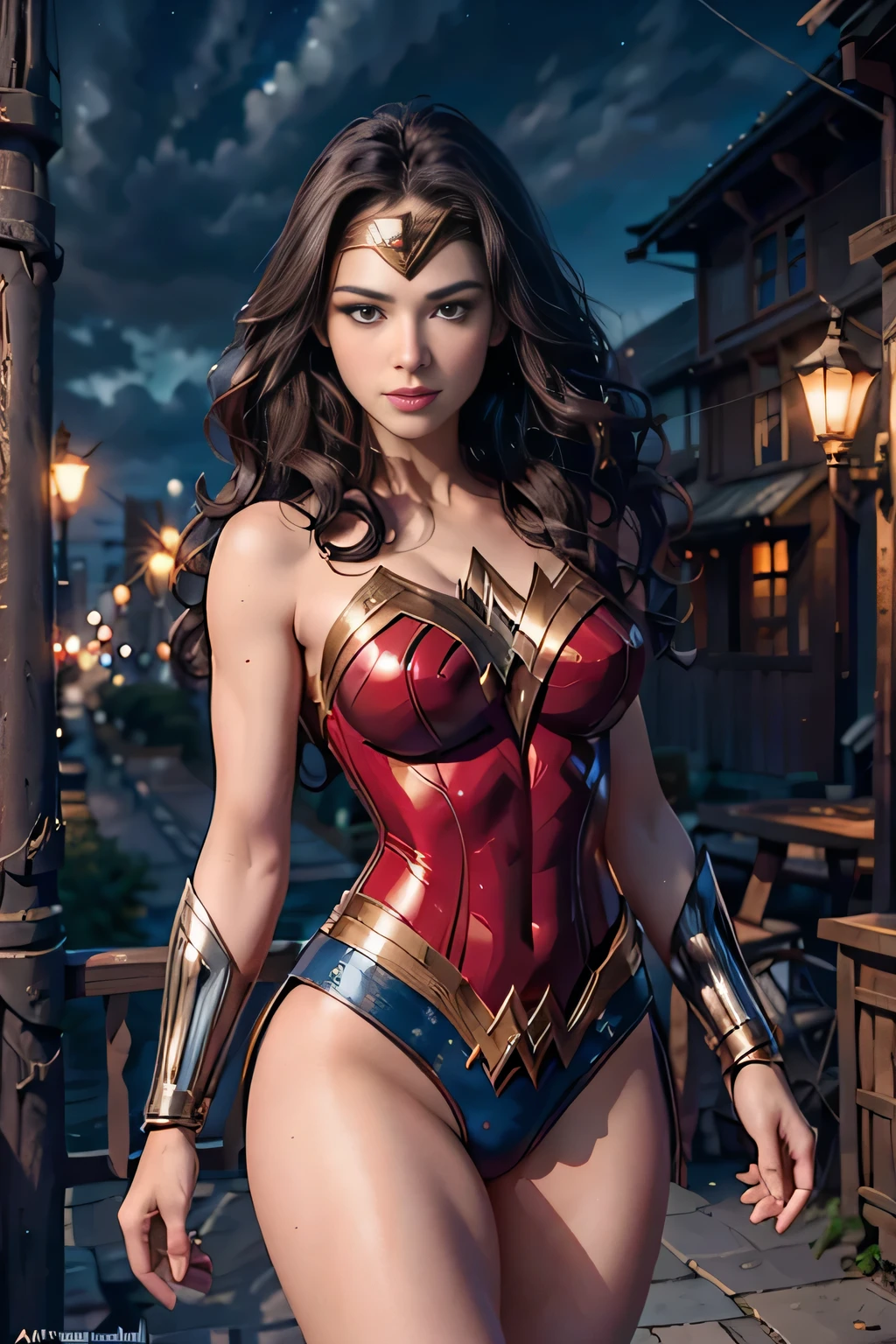 wearing wonder_woman_cosplay_outfit, in front of a sky, 
good hand, 4k, high-res, masterpiece, best quality, head: 1.3, ((Hasselblad photography)), finely detailed skin, sharp focus, (cinematic lighting), night, soft lighting, dynamic angle, [:(detailed face: 1.2): 0.2], medium breasts, out, (cameltoe:1.4)