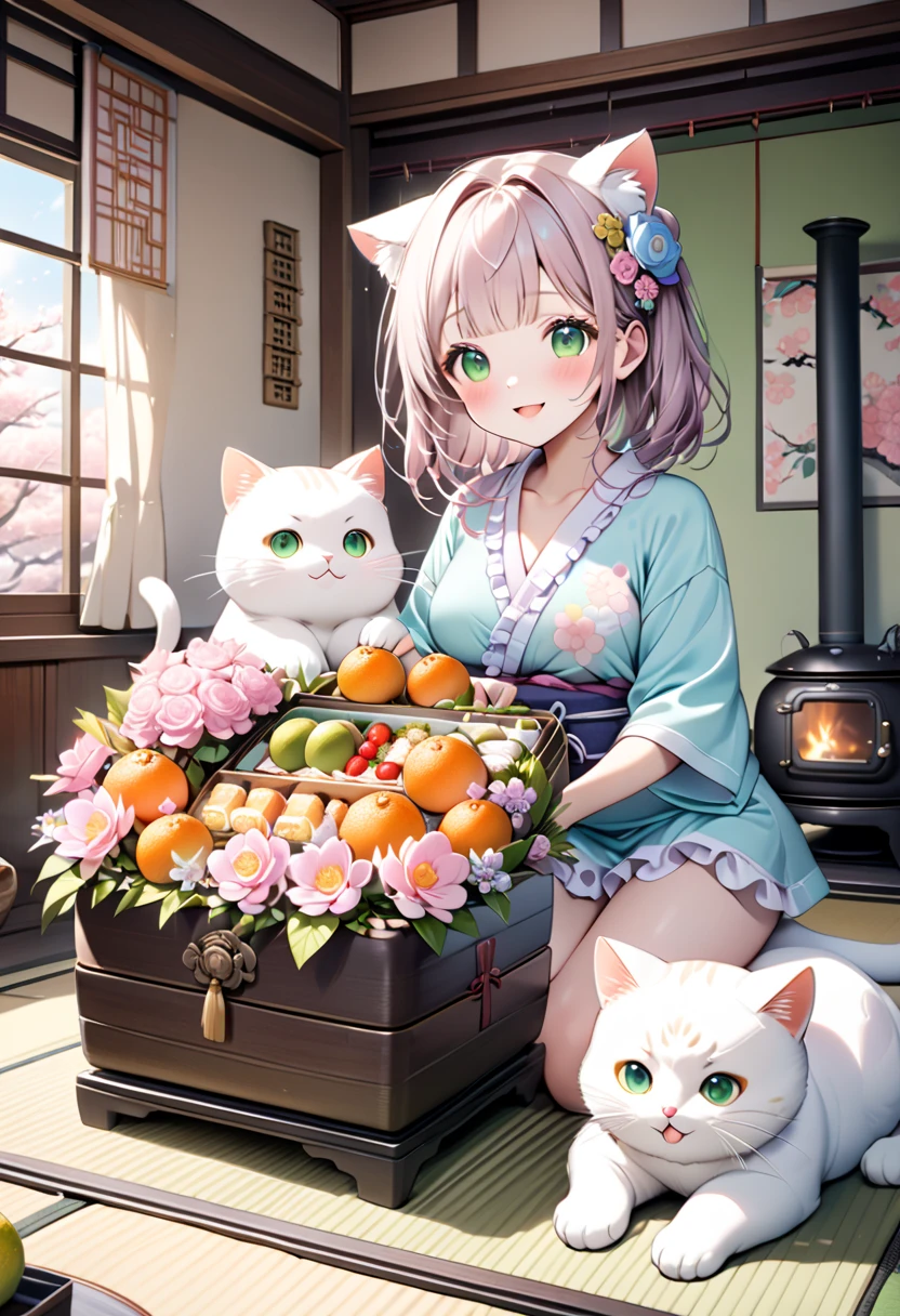 (masterpiece, ultra-detailed, best quality, clear focus, dramatic scene, cinematic), shadow, (ultra-high resolution, 8k), perfect anatomy, perfect face, (detailed face, detailed eye, chibi), cute Japanese chibi girl, famous Japanese chibi idol, very beautiful and cute and cool face, (wearing a cute pastel colored room wear with frills:1.2), (medium breasts),  (She is holding a very large bouquet of colorful flowers and showing it to viewers:1.3), (in the huge bento-box on the low table in the traditional Japanese room with a cute giant cat:1.3), (Japanese antique table, Japanese antique green tea set, piles of mandarin oranges are in a basket on the table, sitting on Tatami floor, antique oil stove, Japanese antique furnishings with flower decorations, Bonsai with flowers), gentle sunlight, the cat looks so happy with her, (the cute giant fat cats are mewing:1.35), (detailed giant fat cats with jitome:1.3), paw, she looks so happy, Outside the window is a snowy scene, happy smile