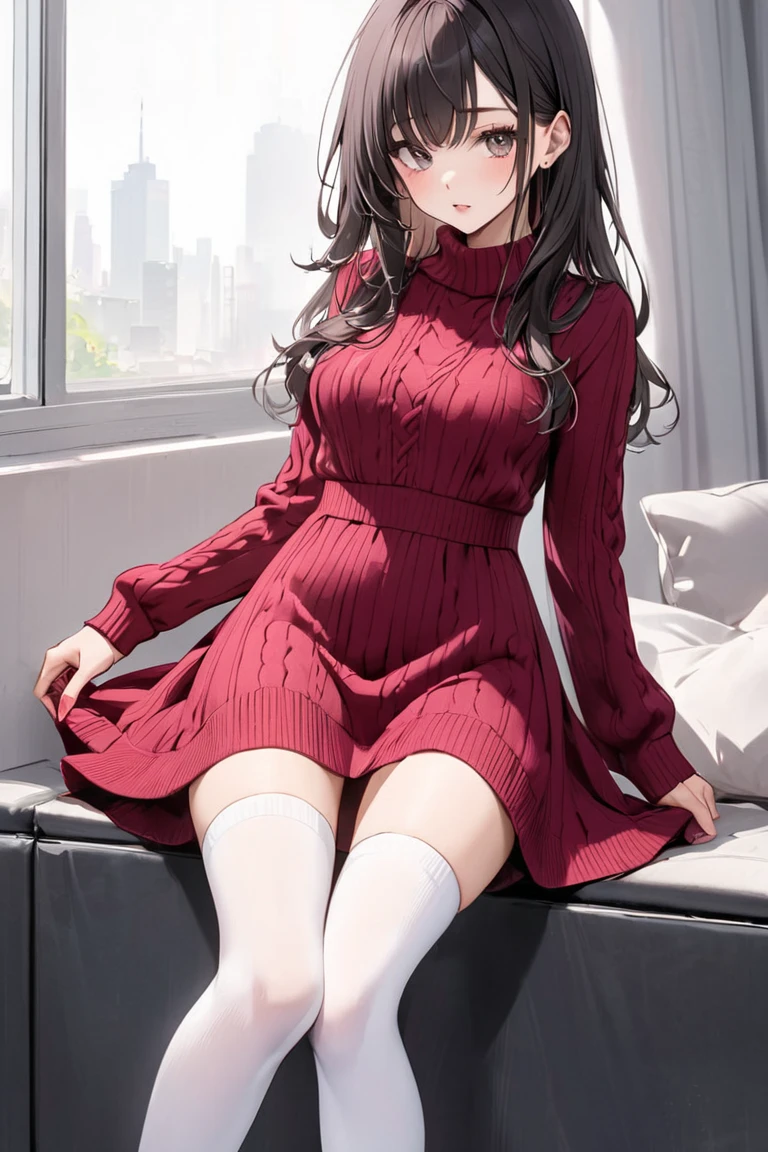 (masterpiece, best quality), 1girl, red dress, pantyhose, cute face, blush,