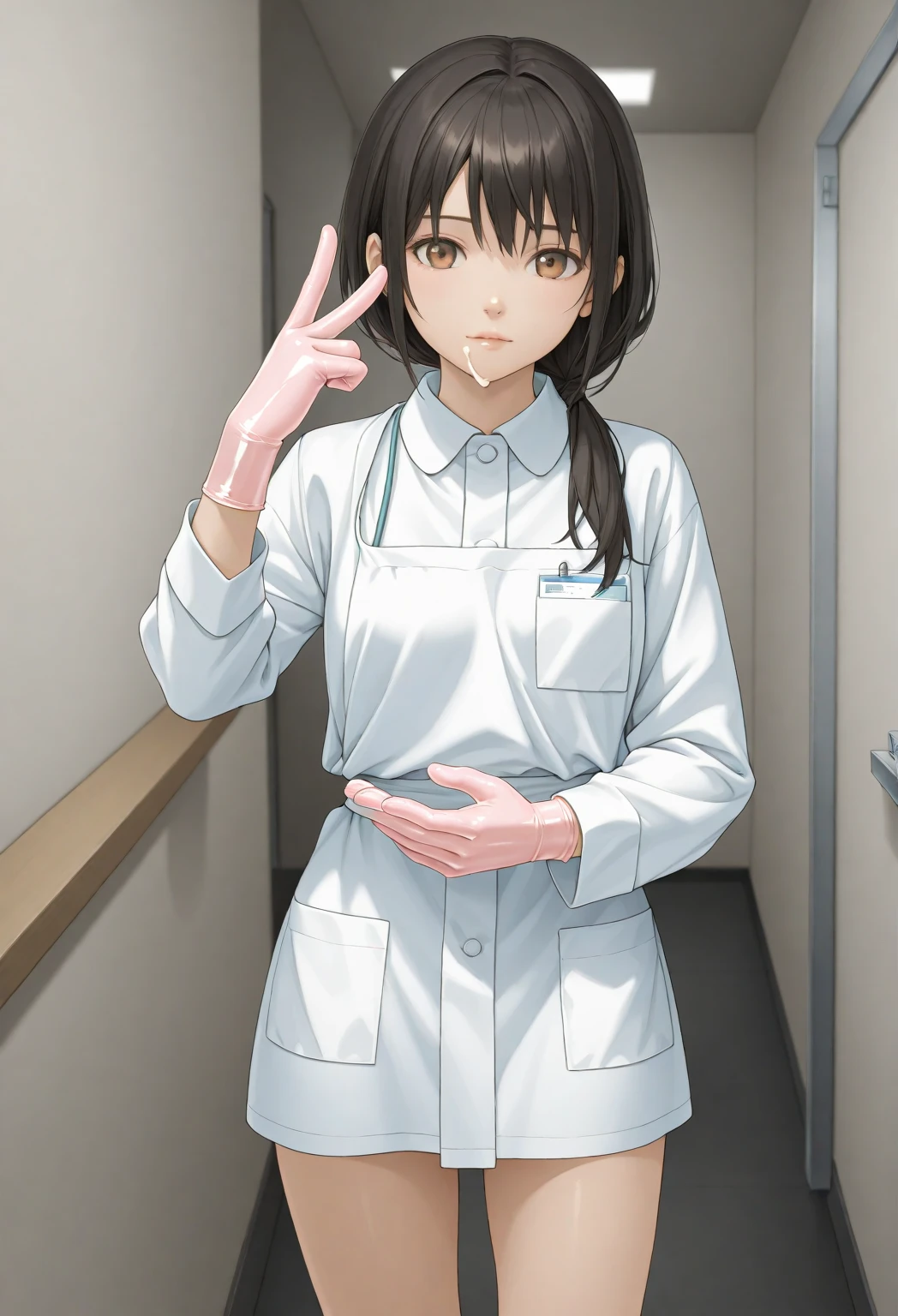 1 girl, anime, ((surgical outfit)), ((tight surgical gloves)), (( cream color latex gloves )), ( Long Sleeve ), both hands open and raised towards viewer, is standing, Alone, Realistic physique, anatomically correct fingers, correct finger count