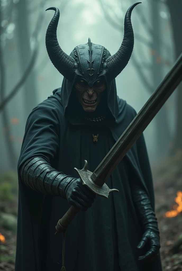 A wizard in a black cloak and hood with a demon in his hands