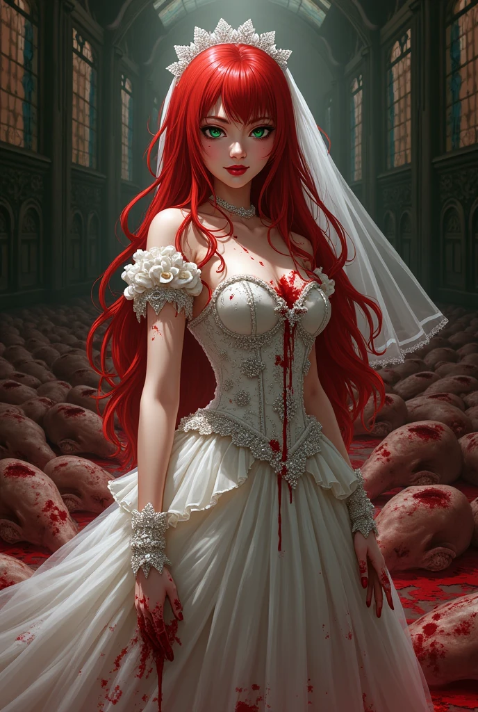 (best quality,4k,8K,High resolution,masterpiece:1.2),Extremely detailed,(Practical,photoPractical,photo-Practical:1.37),A girl covered in blood from head to toe,Staring at the viewer with dark and haunting eyes,In a creepy atmosphere,The skin is cold and pale,Sharp icicles surround her,Body frozen in time,An expression full of pain and strength,Foggy,The blood drops glistening on her hands,The flowing red hair flows down her back,A smile appeared at the corner of his mouth,The sinister shadow cast by the full moon in the background,Cloudy sky,The sky is clouded over,The faint silver moonlight illuminated her figure,Each hair、Each drop of blood adds depth and texture,An ethereal and otherworldly existence,Dark and atmospheric lighting,Gothic and horror-inspired art styles,Cool and desaturated tones,With deep red and vivid crimson,Emphasize the contrast between light and darkness,A majestic and unsettling atmosphere,Attention to detail,Unforgettable beauty and captivating composition.