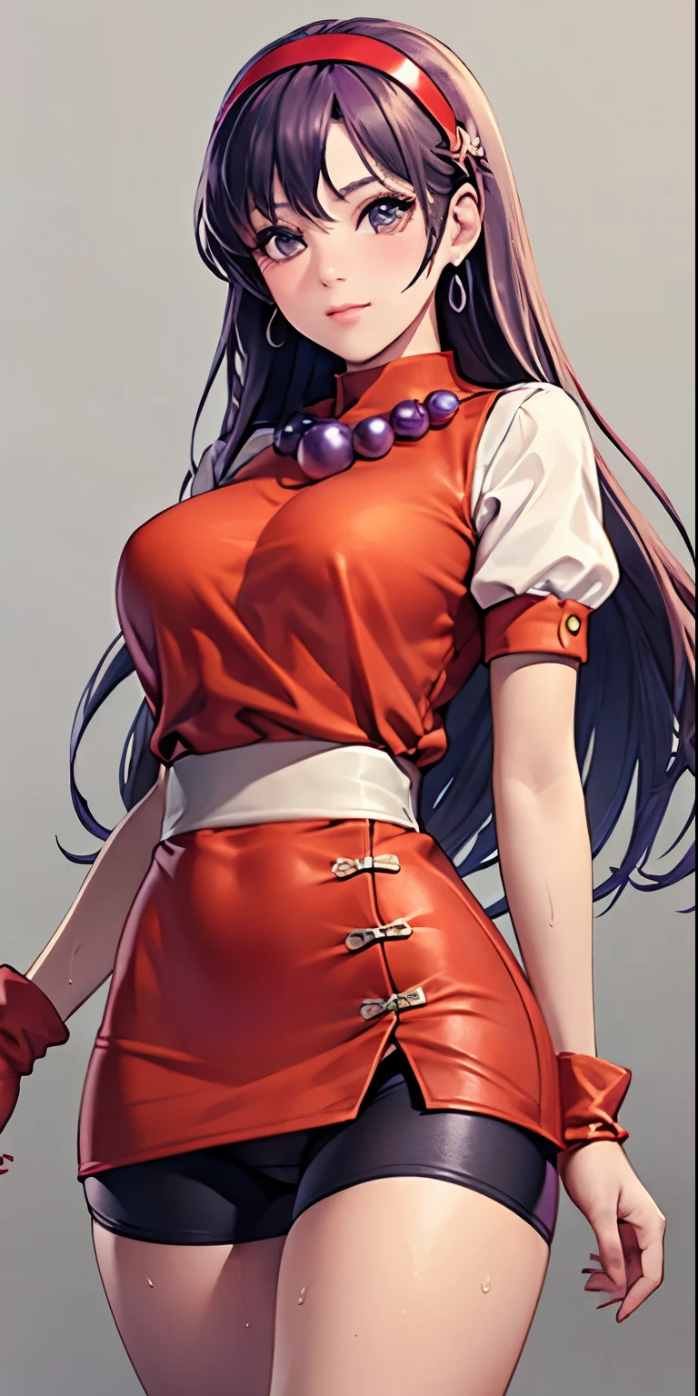 1 Female,High definition,high resolution,Ultra-realistic,8K,aa1, purple hair, long hair, hairband, long hair, necklace, bike shorts, earrings, red dress, puffy short sleeves, white sleeves, wristband,tight dress,European,sexy,Upper body close-up,Photographed from the front,Dynamic Angles,blush, medium tits, cute face, facial, sweat, perfect face, perfect body,(wide thighs:1.3),cute face ,cameltoe, perfect face, detailed face