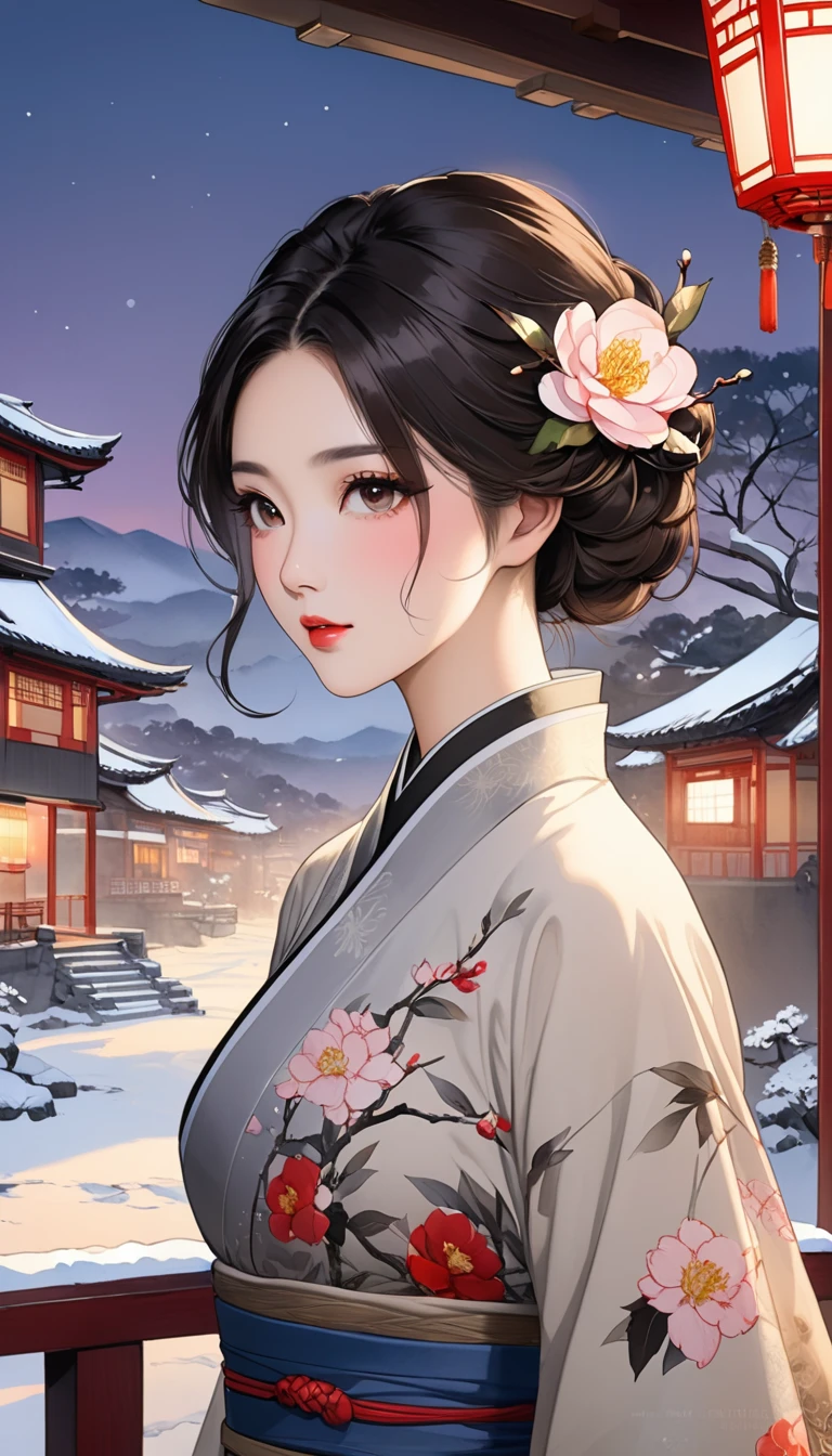 A fusion of ink painting and watercolor painting、A woman with a beautiful oriental face、shiny bright brown-black hair、Camellia Inn、At dusk、white snow scenes、 best quality、masterpiece、