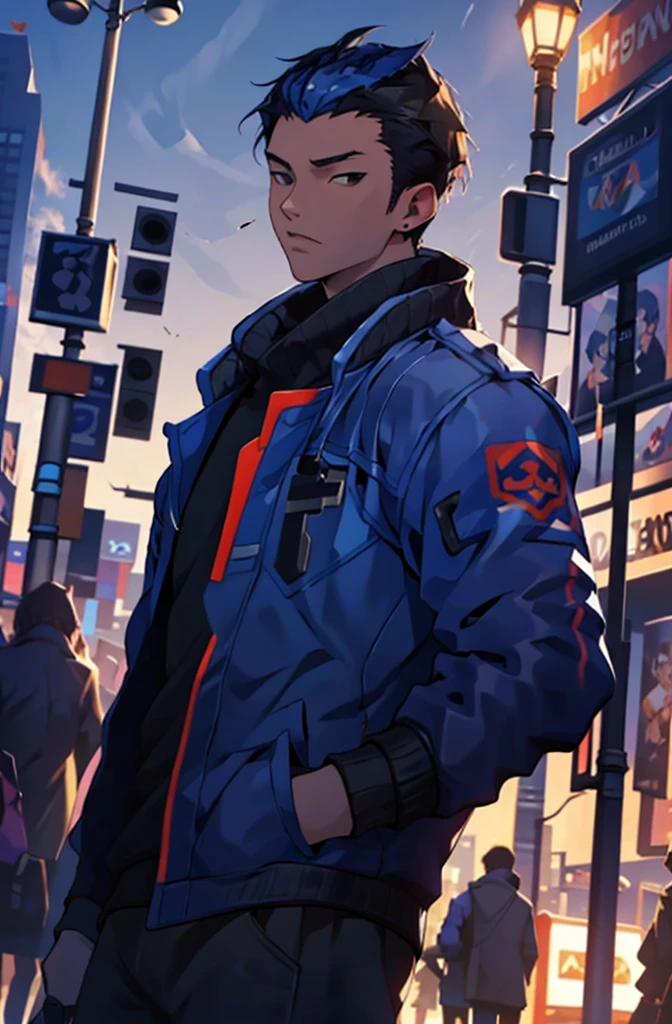  the highest quality, 8k, image high resolution, good ilumination, detailed shadows, Detailed strokes, in the middle of a busy Times Square-style avenue at night ,  winter, supported on one of the posts, teenager, your valorant , wearing a cold jacket , male , Tight chest in jacket , ( bass angle), (close angle), defined legs, defined arms, with the shirt,