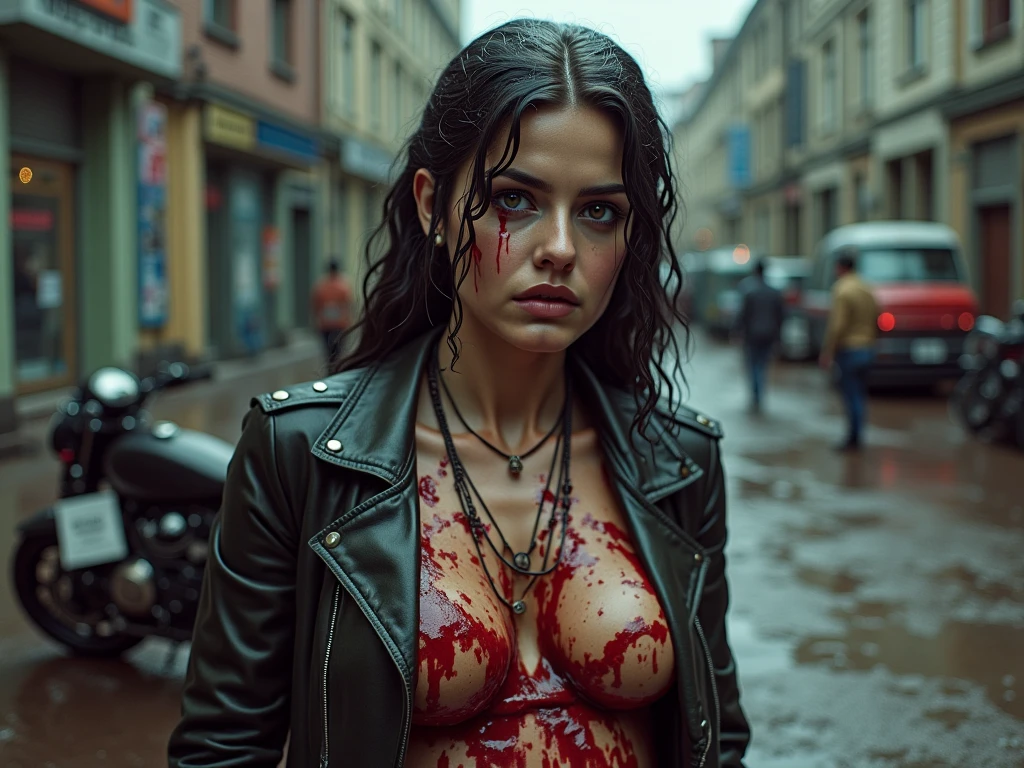 Gloomy girl, brunette, ponytail hairstyle, (zombie hunter, leather vest, torn black T-shirt, military pants, belt with holster), in a zombie hunter costume, neckline, standing against the backdrop of destroyed streets, looking at the viewer, (crowd of zombies on  background), moody lighting, dim light, depth of field, bokeh