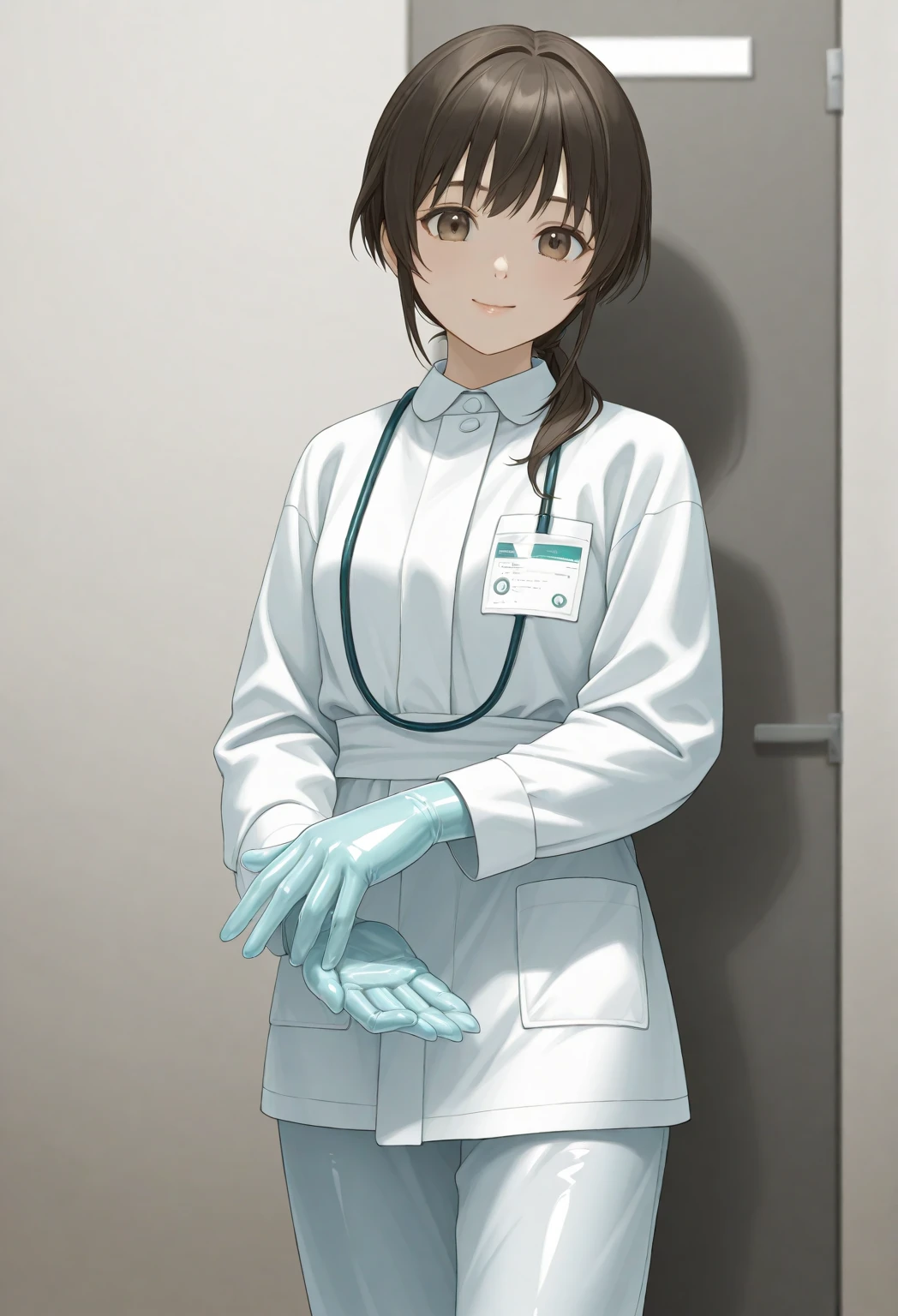 1 girl, anime, natural smile, ((surgical outfit)), ((tight surgical gloves)), (( Smooth color latex gloves )), ( Long Sleeve ), open both hands, is standing, Alone, Realistic physique, anatomically correct fingers, correct finger count