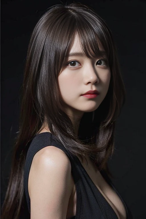 (8k、RAW Photos、Top class star piece:1.2)、(Genuine、Photo genuine:1.37)、Ultra high definition、Ultra-high resolution、girl、1 person、From the waist up、Upper Body、Gazing Eyes、Beautiful face even in the contours、thin、(thin black waist):1.3)、Fine and beautiful skin、Skin Texture、Fluttering Hair、Professional Lighting、human body、Big Breasts、Plain dark background、Expressionless、Are crying、Scary atmosphere、religion、Red eyes、Red color contact lenses、Creepy、Ancient Egyptian clothing、Ancient Egyptian hairstyles