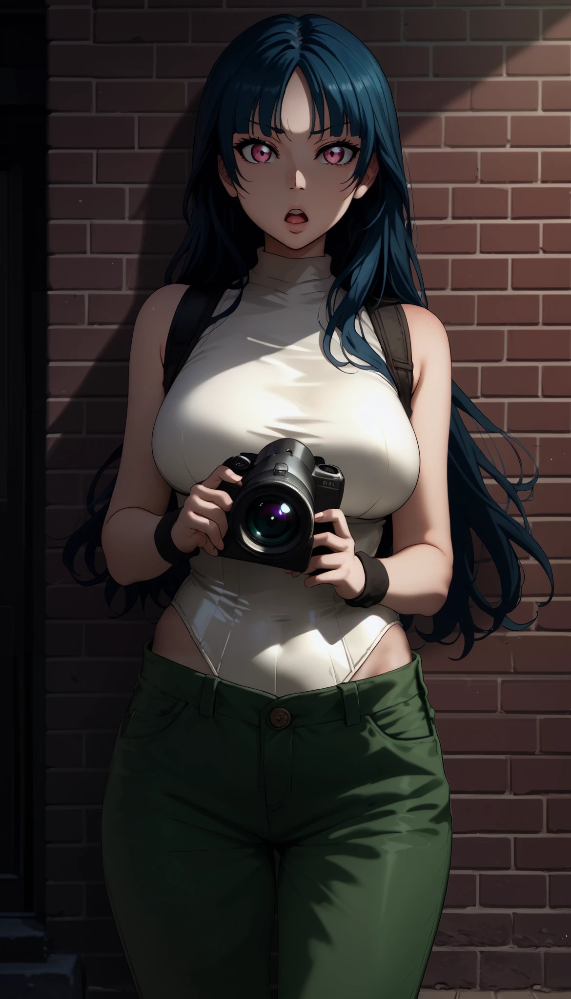 score_9, score_8_up, score_7_up, score_6_up, source_anime, 1girl, solo, defvla, Yoshiko Tsushima, navy blue long hair, parted bangs, white leotard top, high waisted leotard,sleeveless, wristband, large breasts, pink eyes, holding camera, chestnut mouth, outdoors, night peeking out, upper body, brick wall, green baggy down pants, looking at you,front view