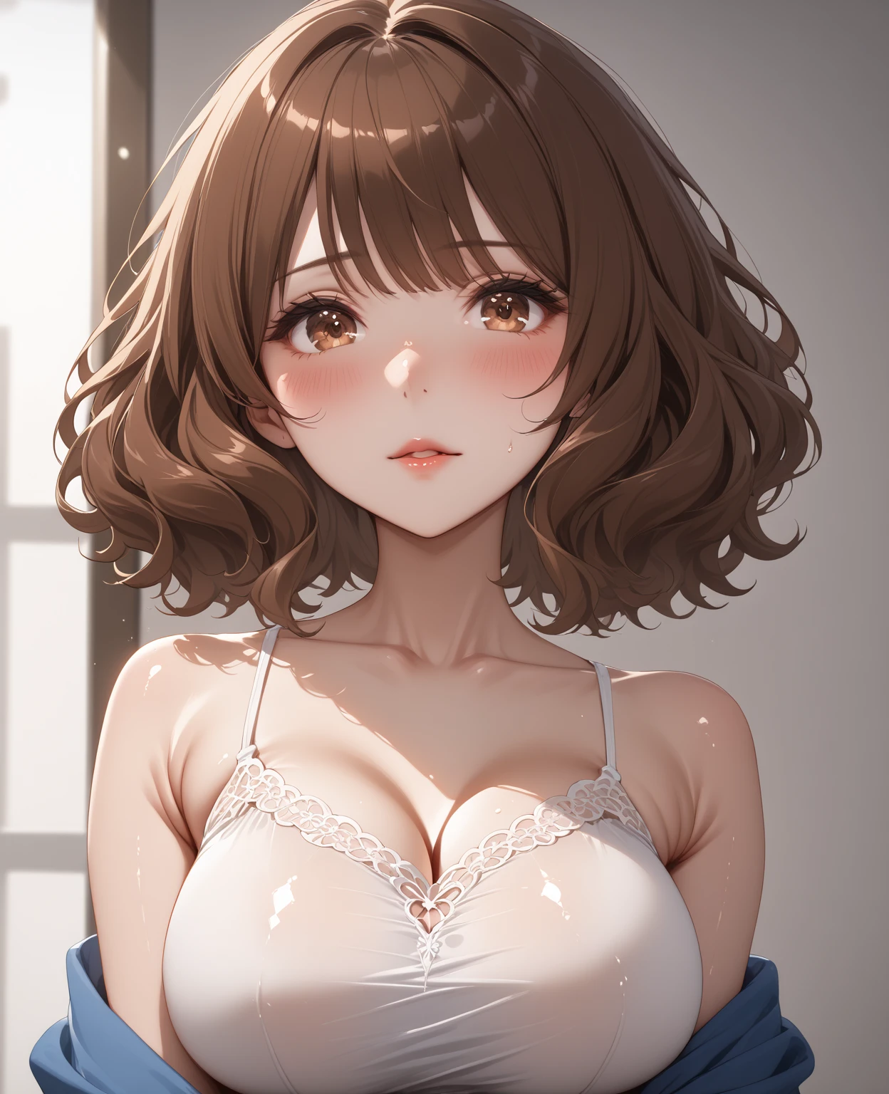 A beautiful girl with long brown wavy hair, brown eyes, short hair,large breasts,shiny skin, detailed facial features, intricate hairstyle,masterpiece, best quality, very aesthetic, absurdres