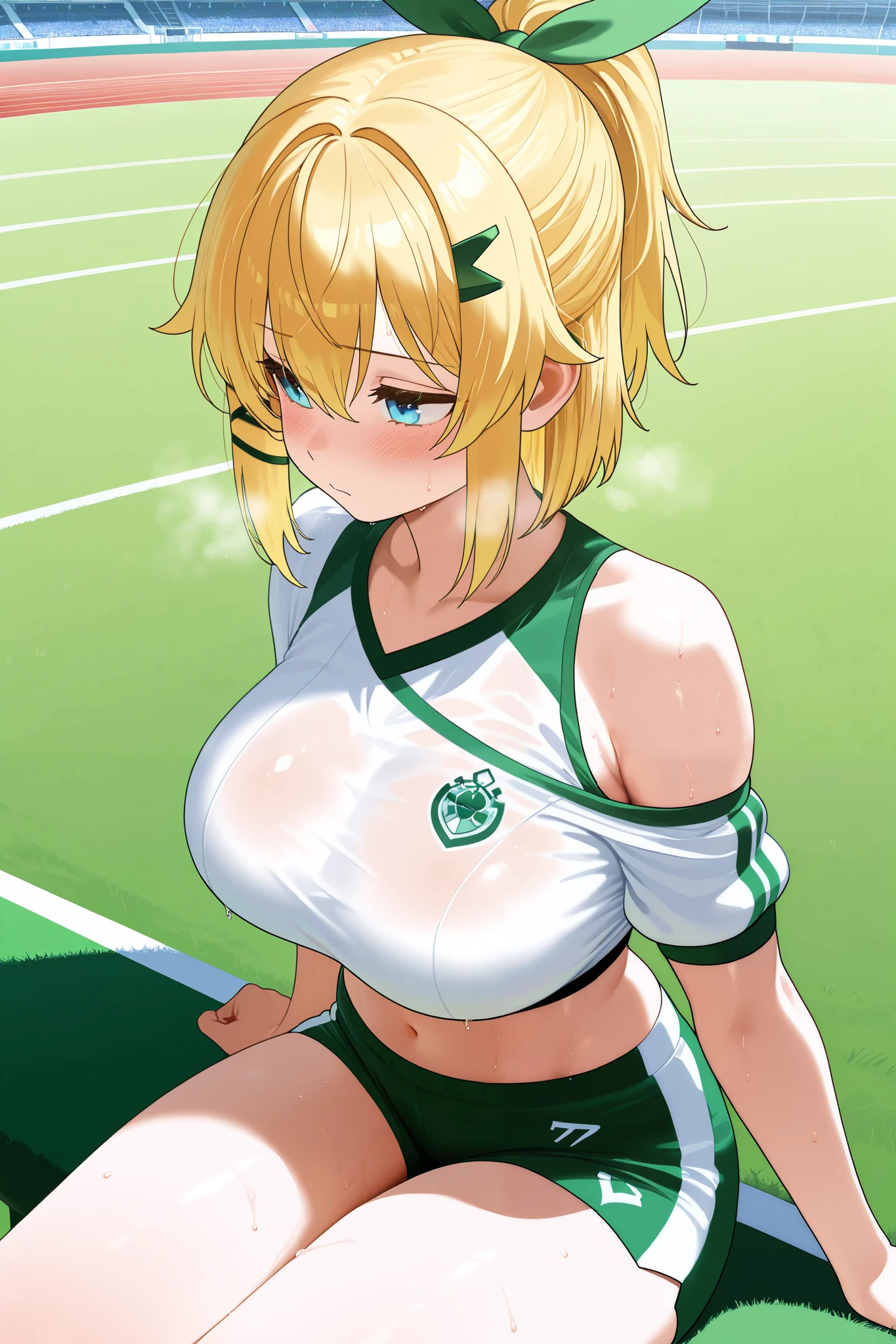 NSFW,masterpiece, top quality, high definition, very detailed,Lumia Tingel、 Roku Denashi Magi Instructor and Akashic Records、 blue eyes、Blonde、 short hair 、 ponytail、 hair clip、 big breasts、Green ribbon, Shorts , crop top, off shoulder,Short sleeve, a lot of sweat,blush,Heavy breathing, athletics stadium, track, sitting 