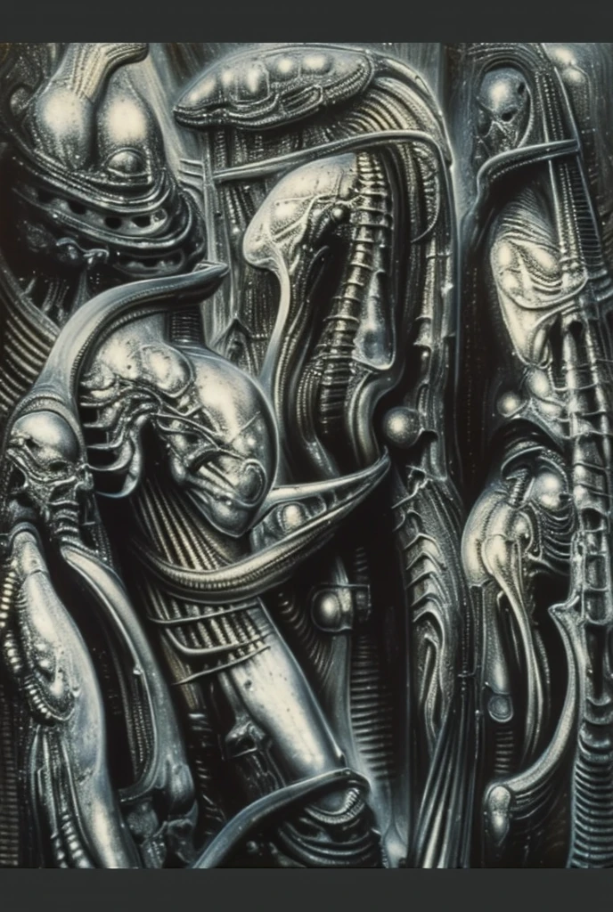 g1g3r, Giger_style, The image is a detailed view of H.R. Giger's \" Li II \" plate, featuring a complex network of bones and organs in a purple-brown hue ,swirling gray and brown colorsgroup of three alien figures positioned in the foreground. Emaciated and skeletal, with hollow eyes, they appear to be constructed from bone and metallic elements, a characteristic fusion of organic and mechanical forms found in Giger's biomechanical art.
The image features a robotic humanoid figure with intricate mechanical details, standing in a room with a glowing screen displaying the word \"EVE\" and a hand reaching out to touch its face. The background is a dark and limited space painted in a uniform blue-green color. This lack of detail keeps the focus on the figures and creates a sense of mystery about their environment. Receding into the distance are a series of arches and tunnels that hint at a larger biomechanical landscape, possibly the work of the creatures themselves The artwork is silver and purplish brown, with an ivory bones prominently displayed. The image is highly detailed and intricate, almost like a 3d version of a medical diagram (detailed view of an anatomy model, possibly of a human body, with transparent organs and bones exposed). The piece has a thick mechano-organic texture and is covered in fine details. The image has a swirling, organic quality to it. The artistic manner would be unmistakably Gigeresque. A dark and unsettling beauty would permeate the piece, blurring the lines between fascination and repulsion , forever haunted by the grotesque allure. Giger's signature artistic manner would be evident in every stroke. The airbrush would be wielded with masterful precision to create a hyperrealistic yet nightmarish aesthetic.., ooze soaked pajama top