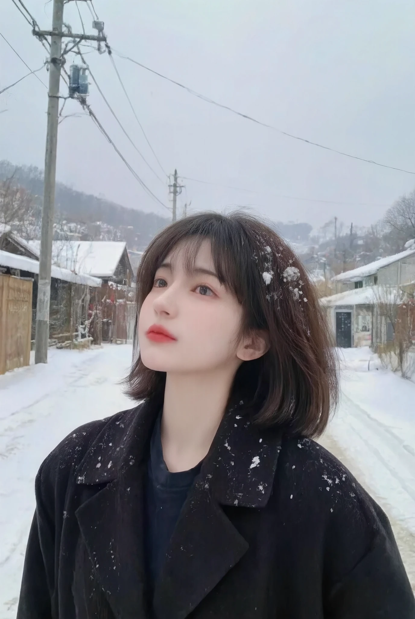 1girl,1girl,jp snow scene film vibe,film camera,Snowy Hokkaido scene,A girl with short hair looking up at the sky,side face,high nose,flowing hair,flying snow,black coat,upper body,Japanese movie close-up,red lips,snow falling on shoulders,Polaroid camera,film texture.,dreamcore,Japanese film,drifting snow,fuji film,Hazy Texture,Polaroid,blur,low saturation,
