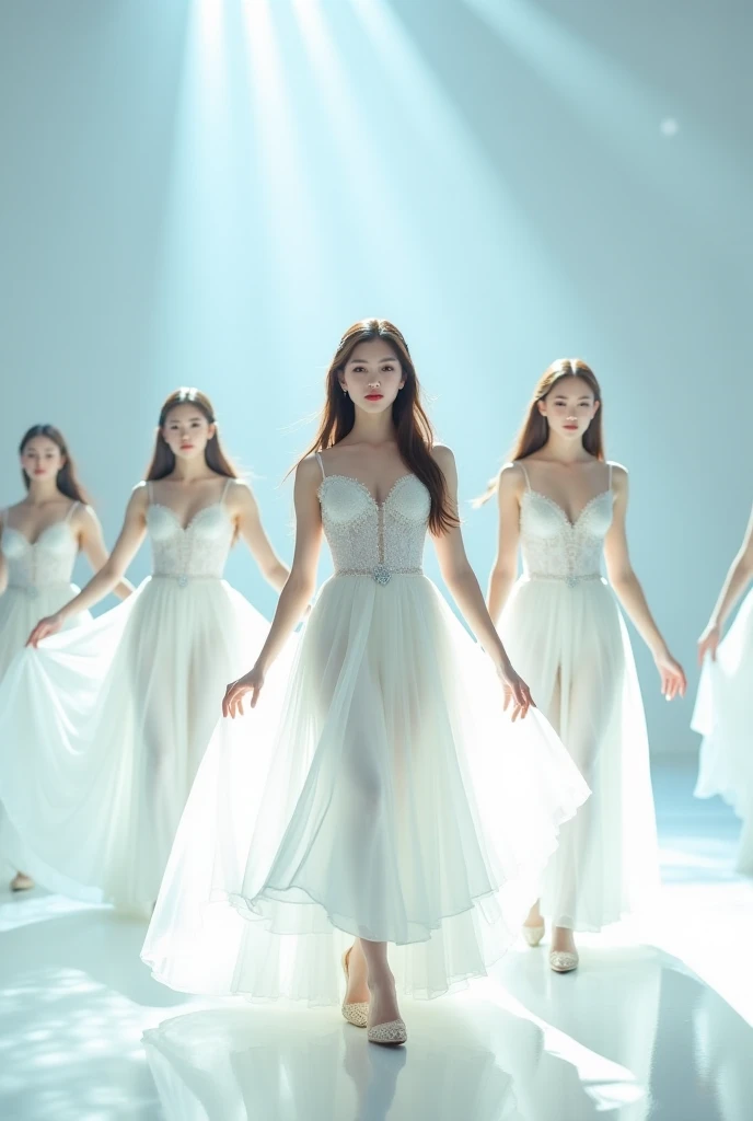 (futuristic white scifi dress, Grown heavy round chest), realistic, High quality, cinematic, scifi, movie still frame, A group of young women, A group of people standing around a tree in a room. A woman with long hair is beside the tree