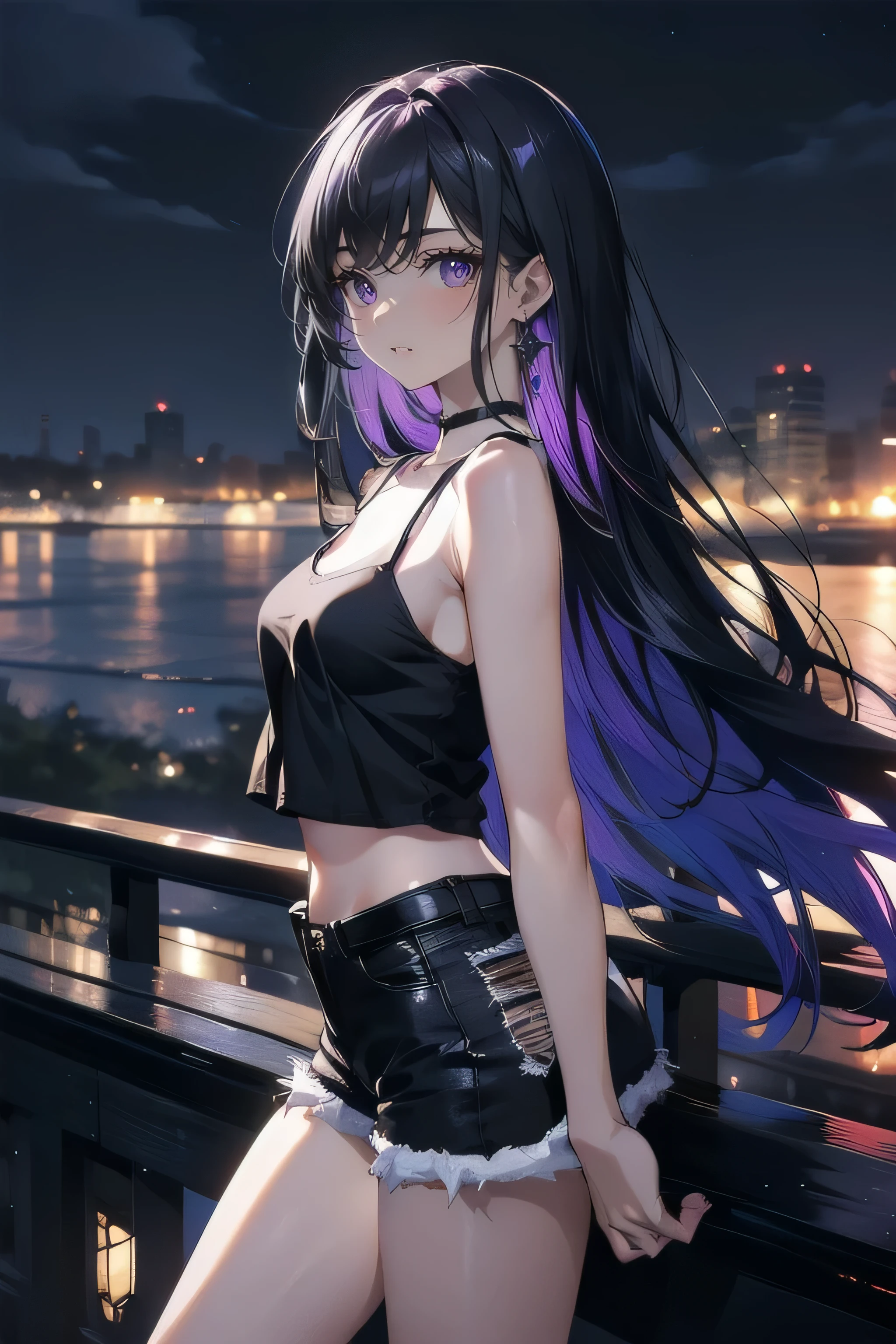 (masterpiece), (best quality), ultra detailed, finely detailed color, cenematic painting, bishoujo, model, ((one lady)), ager, cute face, black hair, absurdly long hair, straight hair, back view, standing, chocker, ((black camisole)), sleeveless, bare legs, short jeans, slender body, small chest, (violet eyes:1.2), purple eyes, expressionless, urban, rooftop, city, night